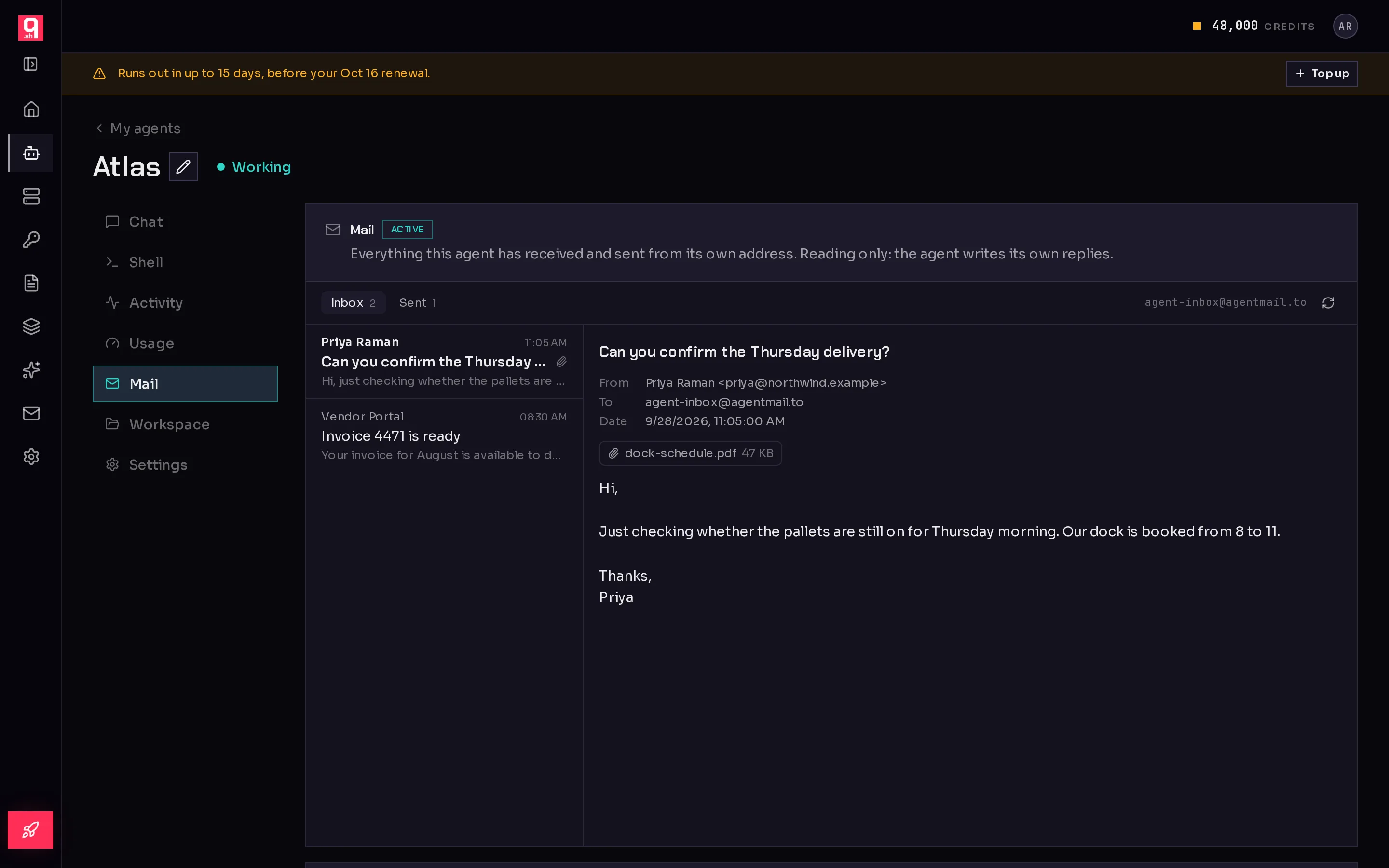 An agent's Mail tab: the Inbox and Sent folders of its own address, with a received message open.