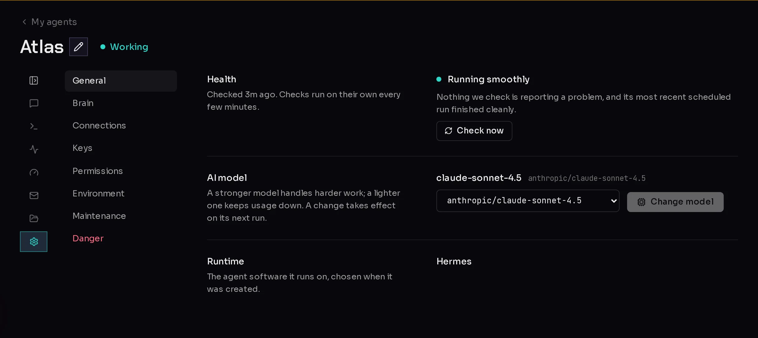 The General section of an agent's Settings: its Health, when it was last checked, and a Check now button, above the AI model and Runtime rows.