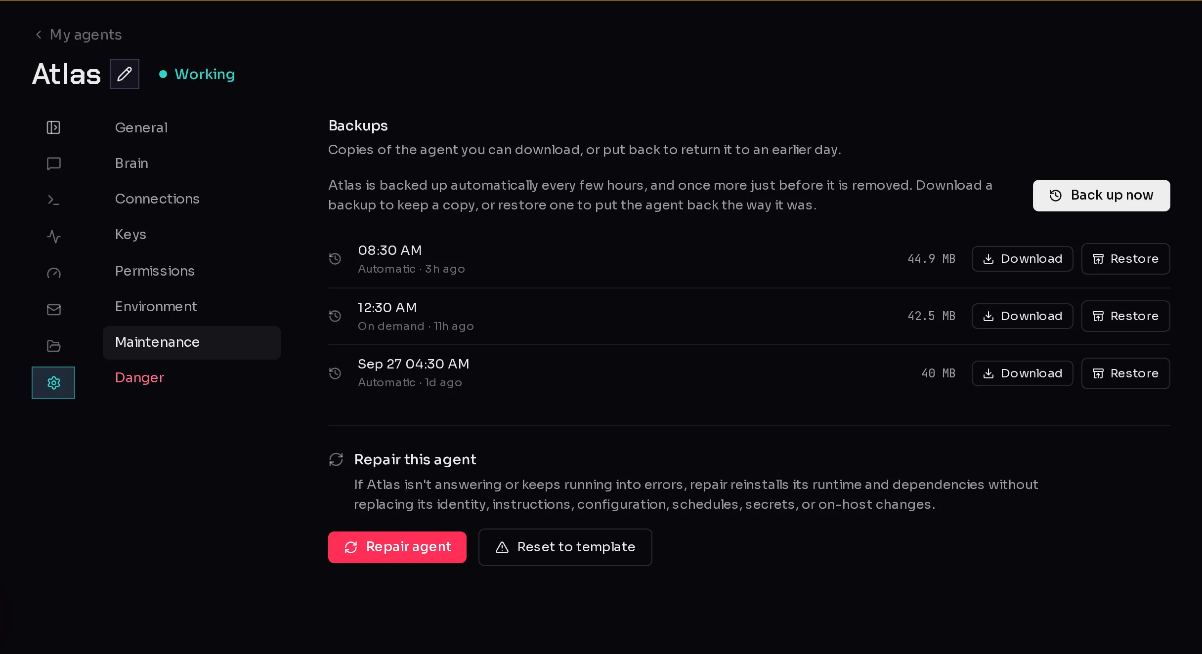The Maintenance section of an agent's Settings: backups, and Repair this agent with the Repair agent and Reset to template buttons.