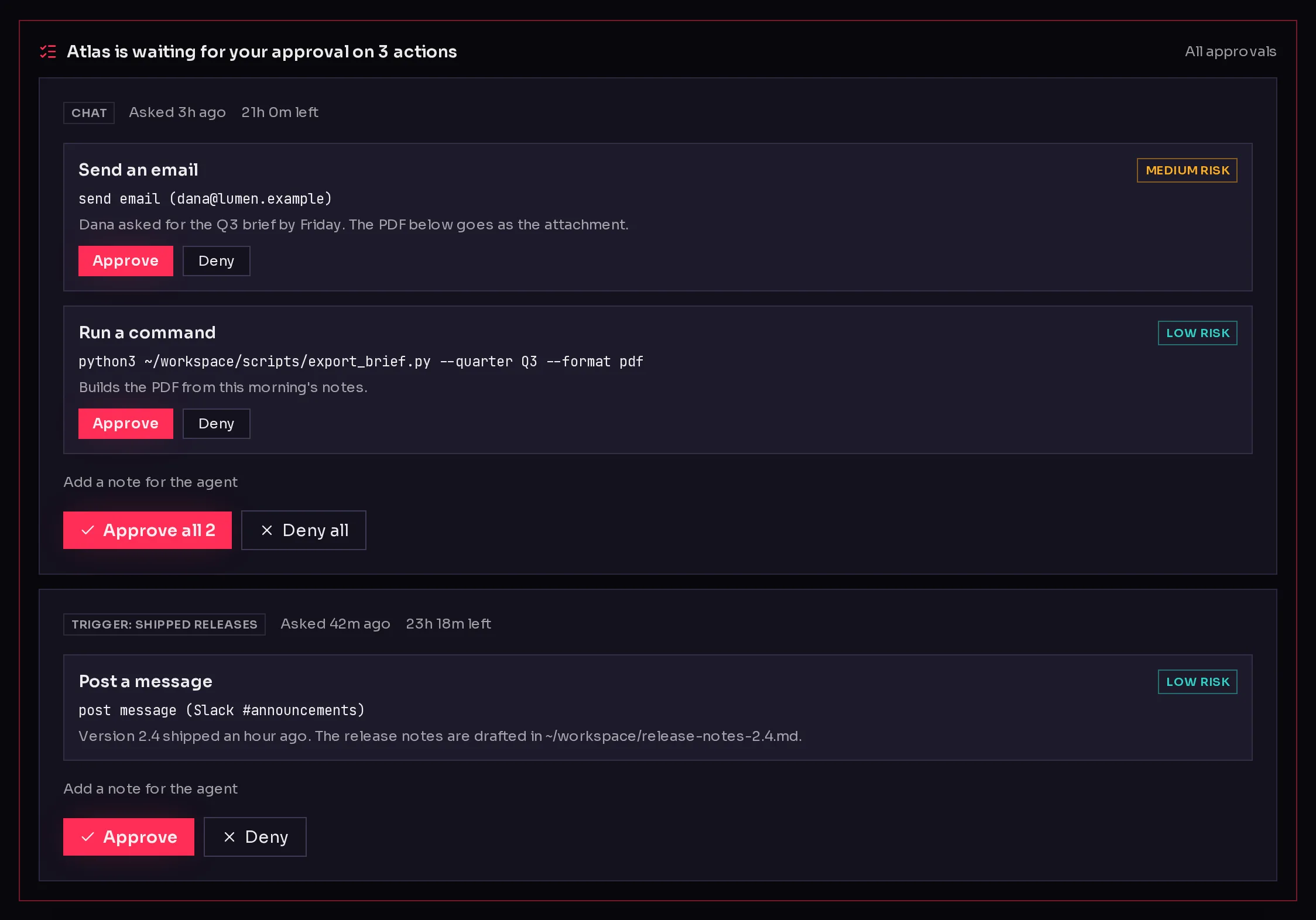 Atlas's page with a banner above the chat: Atlas is waiting for your approval on 3 actions, each request decidable in place, and a link to all approvals.