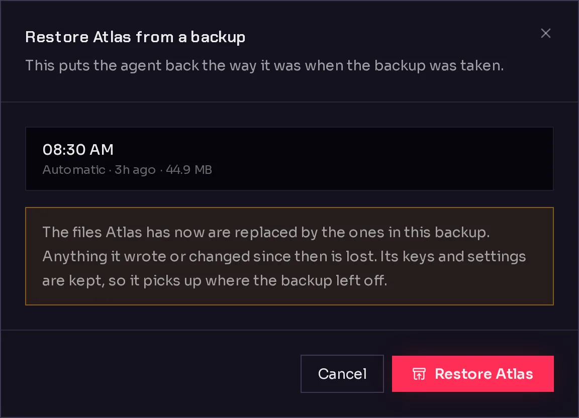 The Restore Atlas from a backup dialog, showing the chosen backup, a warning that newer files are replaced, and the Restore Atlas button.
