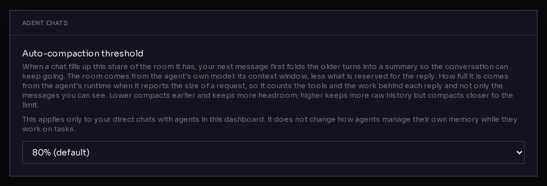 The Agent chats card in Settings with the Auto-compaction threshold menu.