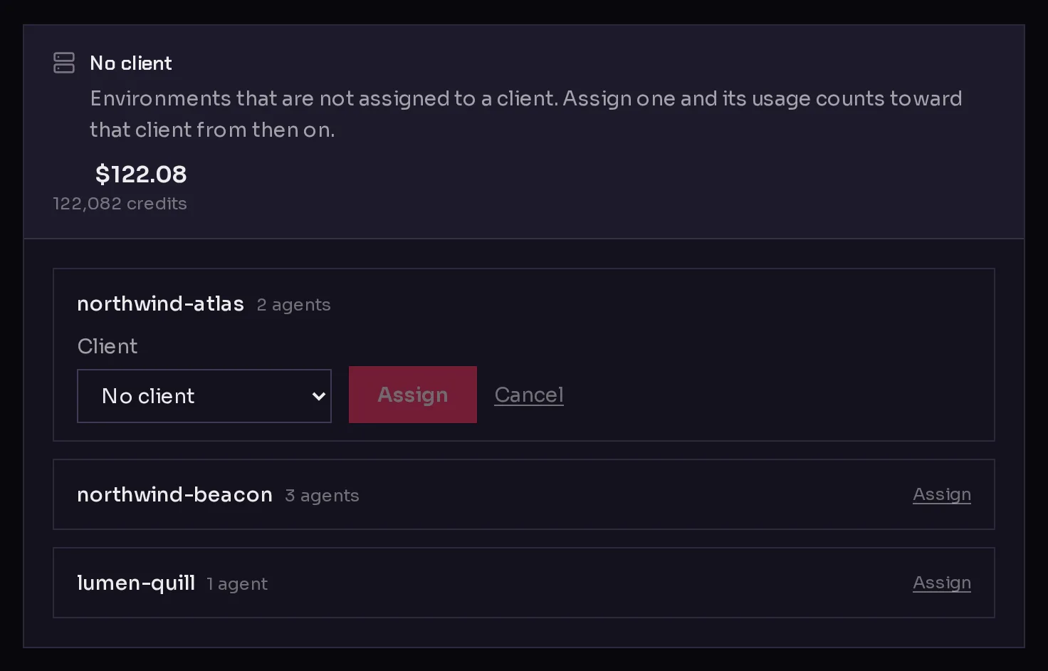 The No client list on the Clients page, with the Assign form open under one environment: a client menu and an Assign button.
