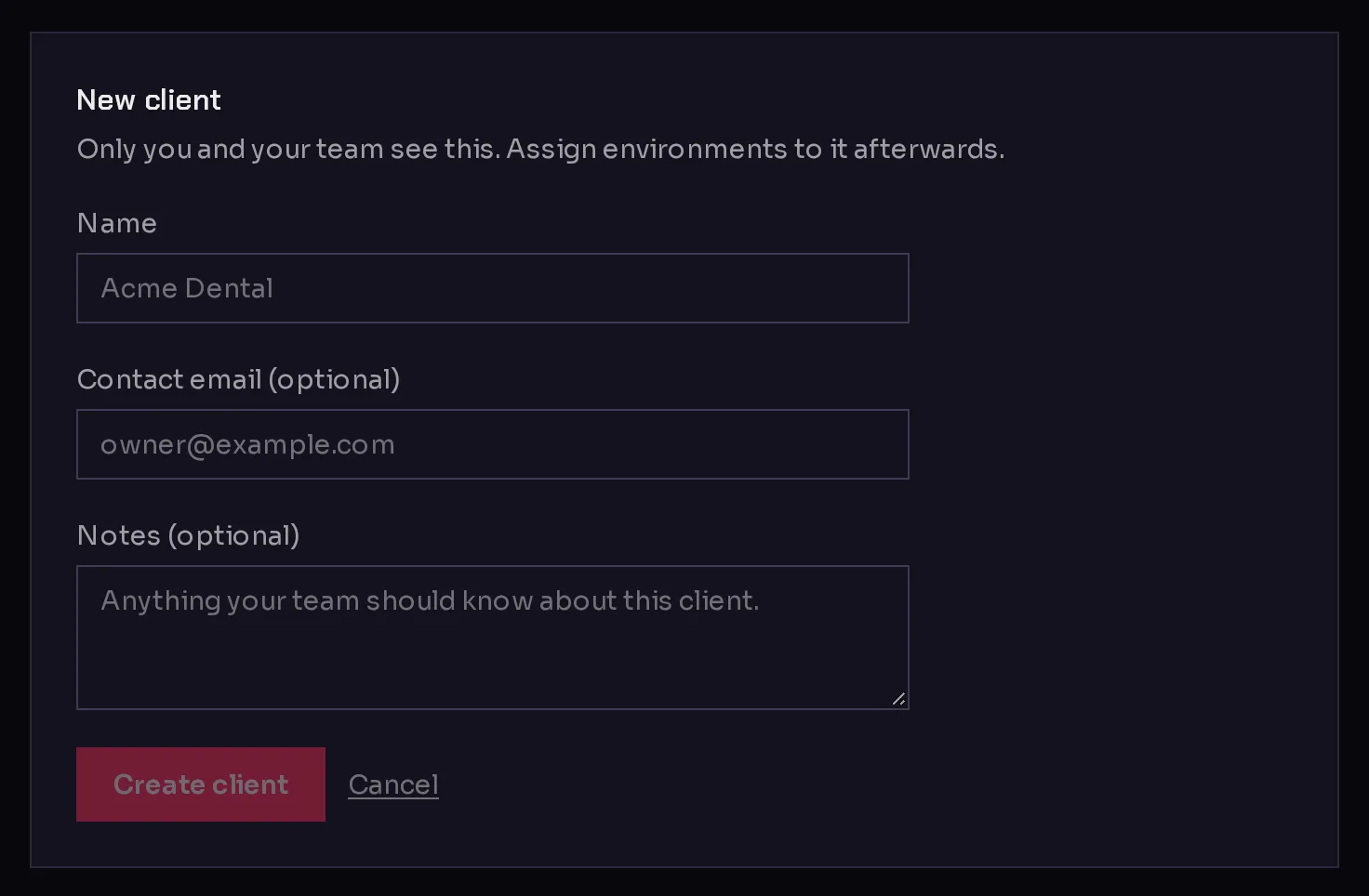 The New client form with fields for the client's name, an optional contact email and optional notes, and the Create client button.