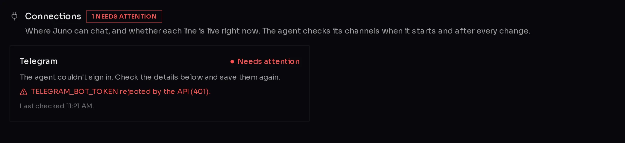 A Telegram channel marked Needs attention, with the reason the agent could not sign in and when it last checked.