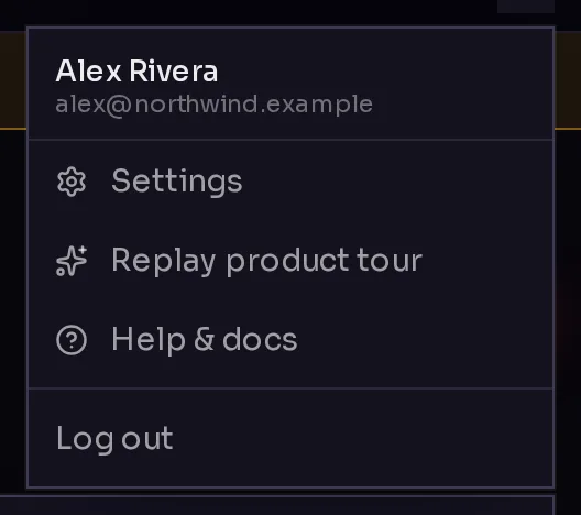 The account menu open under the avatar: your name and email, Settings, Replay product tour, Help and docs, and Log out.