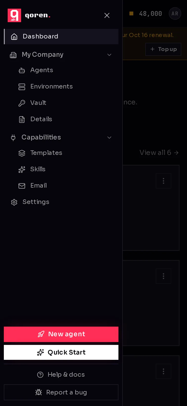 The console on a phone with the menu open: the same sidebar slides in from the left, with a close button at the top.
