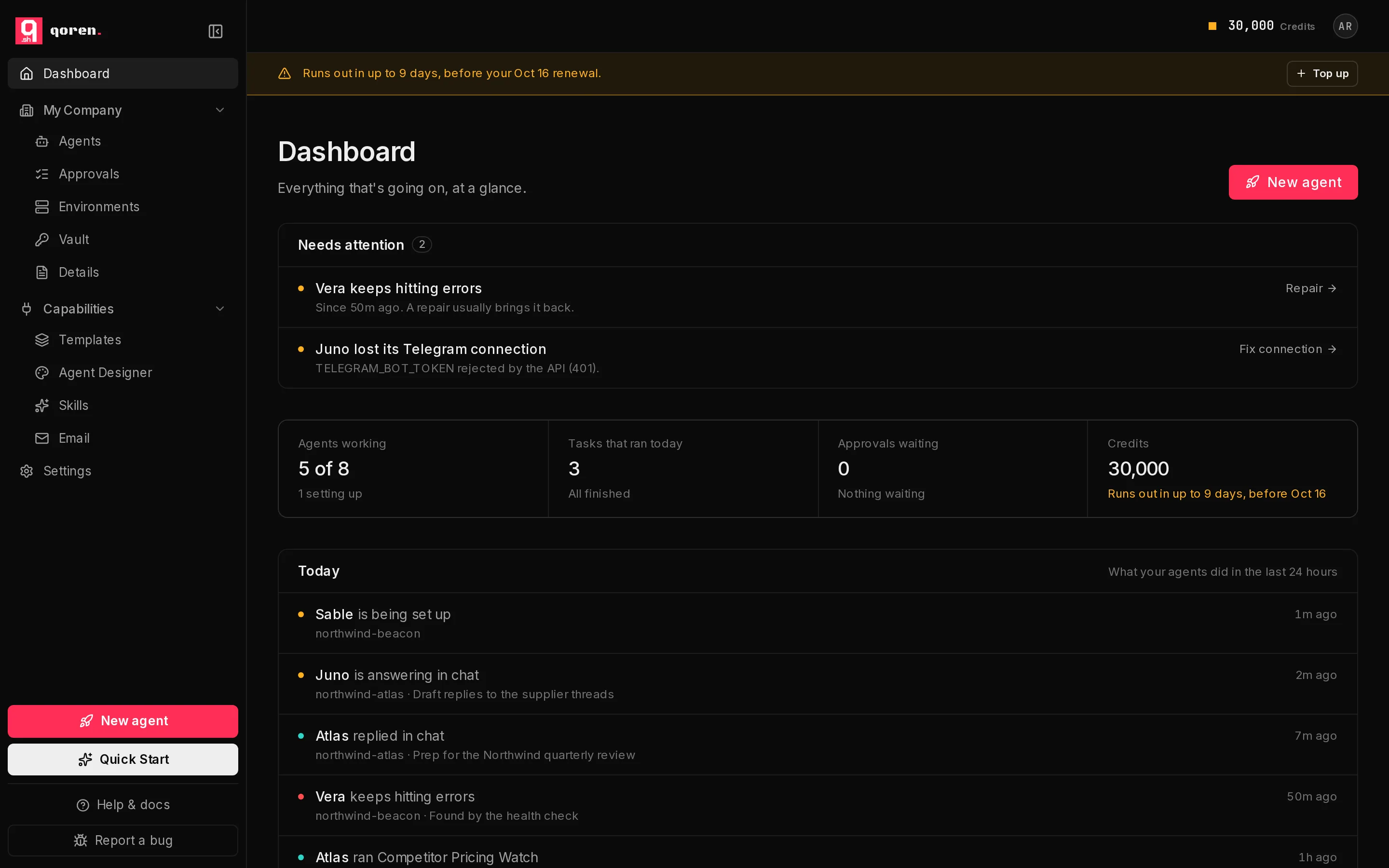 The Qoren console: the sidebar with Dashboard, My Company, Capabilities and Settings, the New agent, Quick Start, Help and docs and Report a bug buttons, and the credit balance, Top up and avatar in the top bar.