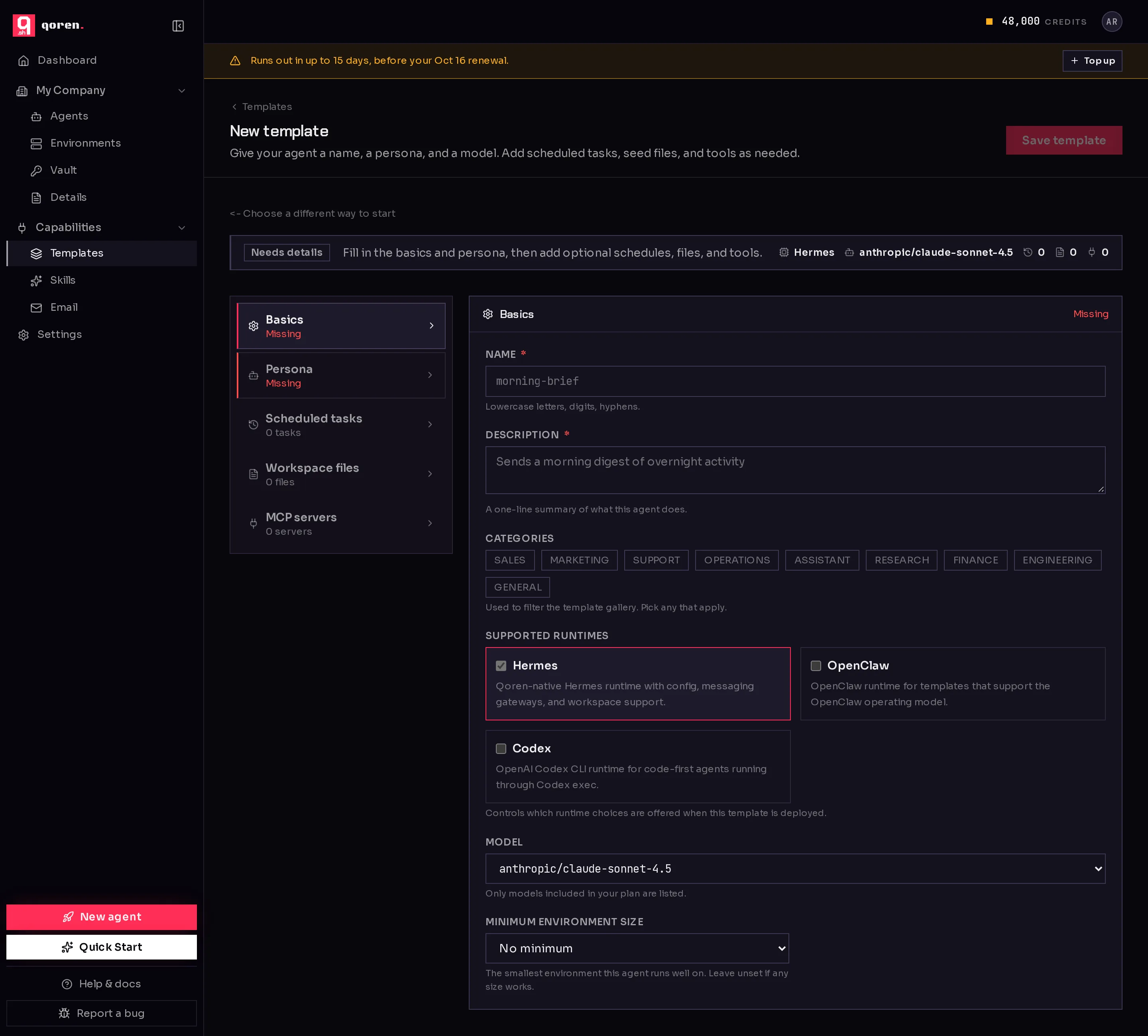 The template editor on its Basics step: a list of steps on the left, and name, description, categories, supported runtimes and model fields on the right.