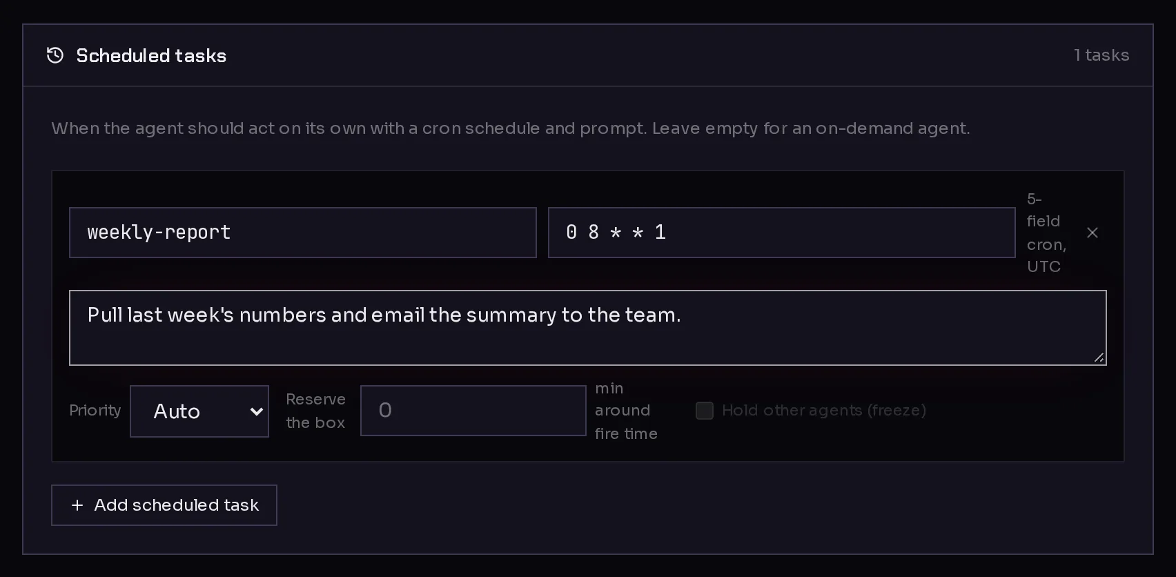 The Scheduled tasks step of the template editor with one task: a name, a cron schedule, the instruction to run, and priority options.