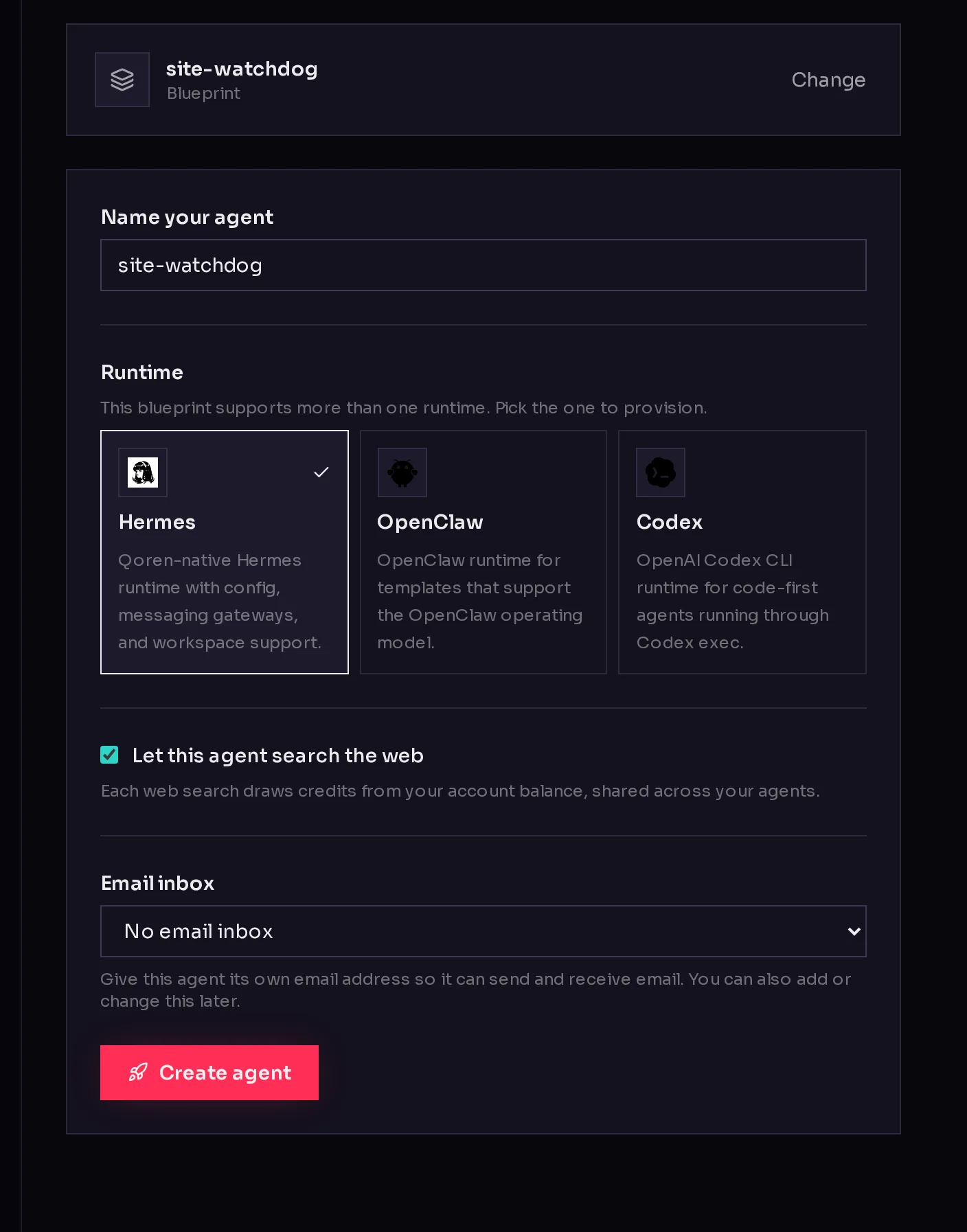 The second step of Create an agent for the site-watchdog template: the chosen blueprint, a Name your agent field, the runtime cards, and the Create agent button.