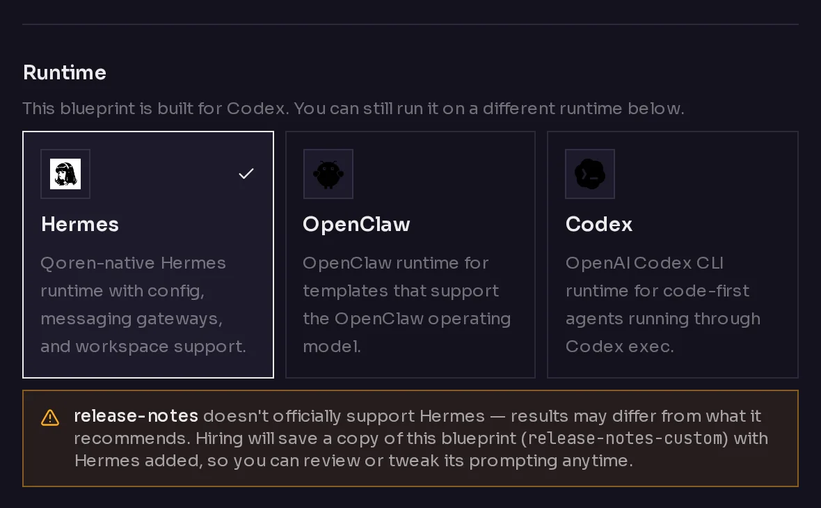 The runtime cards with Hermes picked for a template built for Codex, and a warning that a copy of the template will be saved with Hermes added.