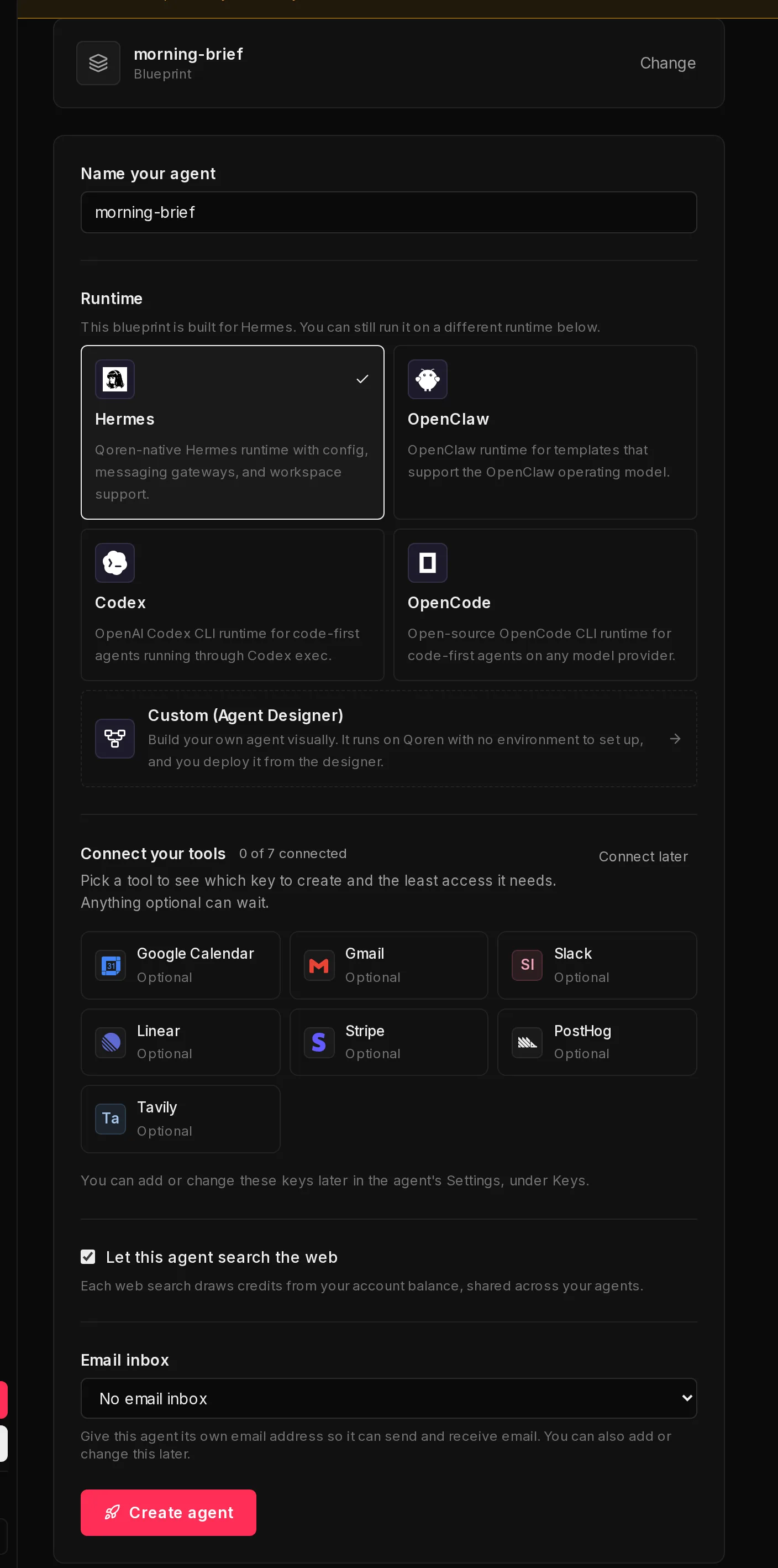 The second step of Create an agent: the chosen blueprint, the agent's name, the runtime cards, Connect your tools with the template's optional tools, web search, the email inbox and the Create agent button.