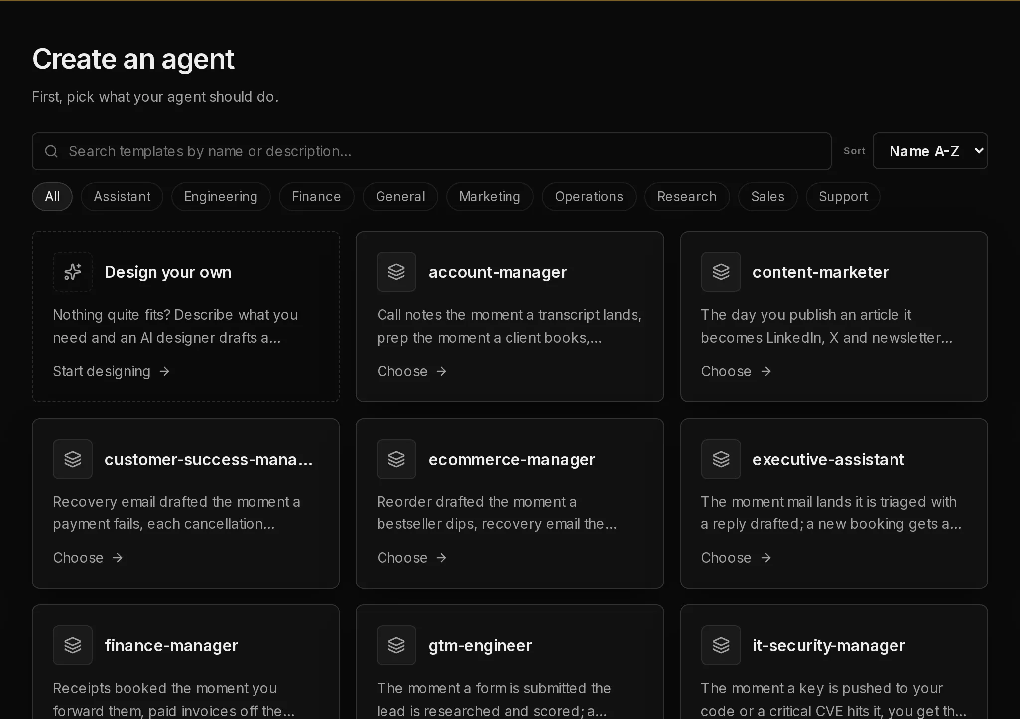 The Create an agent page: a search box, category filters, a Design your own card and a grid of templates, each with a Choose link.