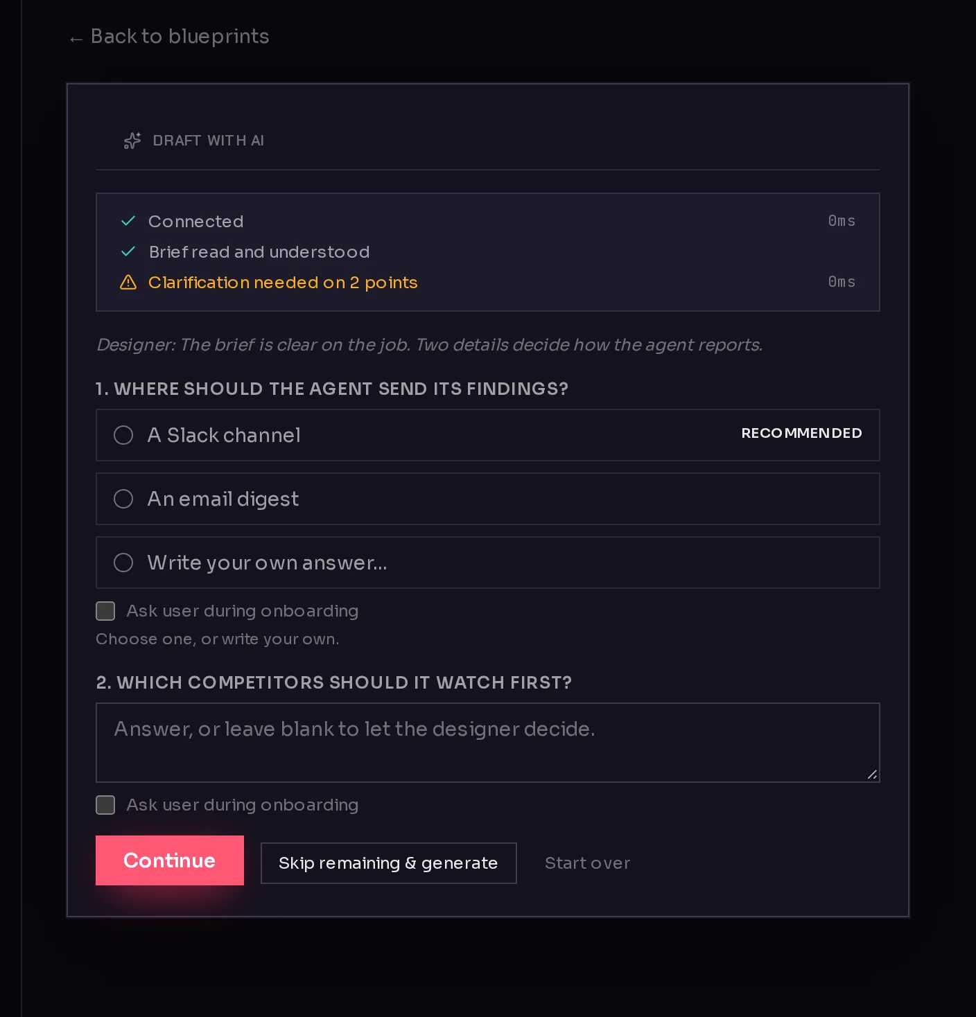 The AI designer asking two follow-up questions, one with suggested answers and a Recommended tag, each with an Ask user during onboarding checkbox.