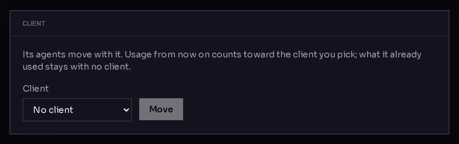 The Client card in an environment's Settings tab, with a client menu and the Move button.
