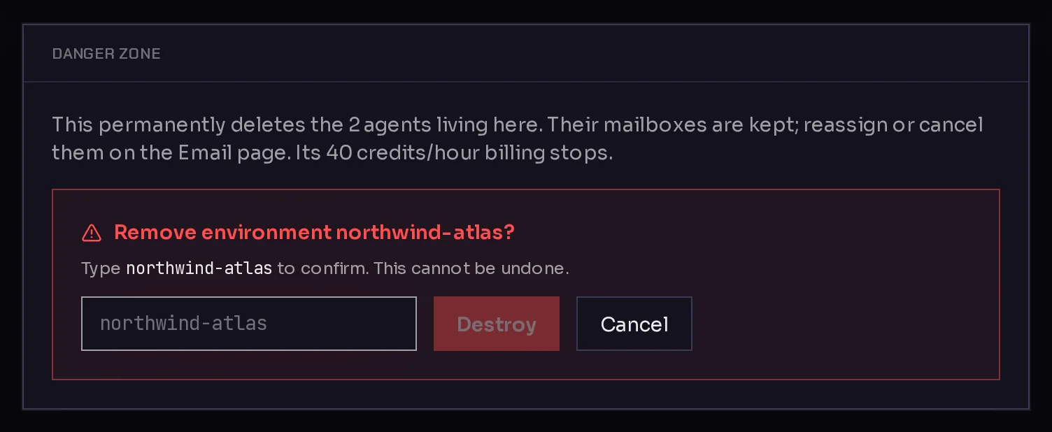 The Danger zone card after clicking Remove: a warning of what is deleted, a box to type the environment's name, and the Destroy button.