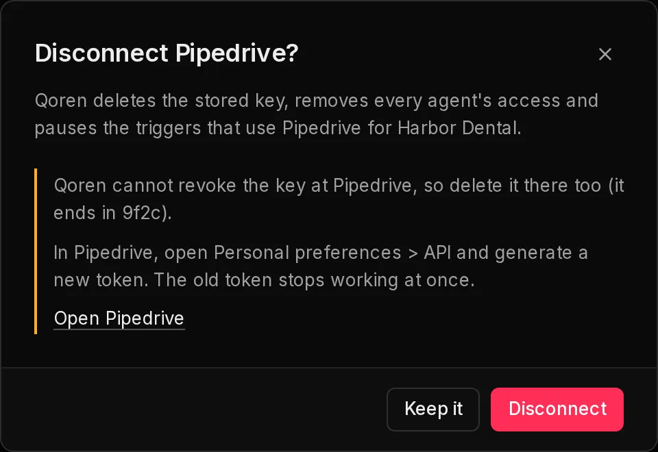 The Disconnect Pipedrive dialog: what Qoren removes, and where to delete the key in Pipedrive, since Qoren cannot revoke it.