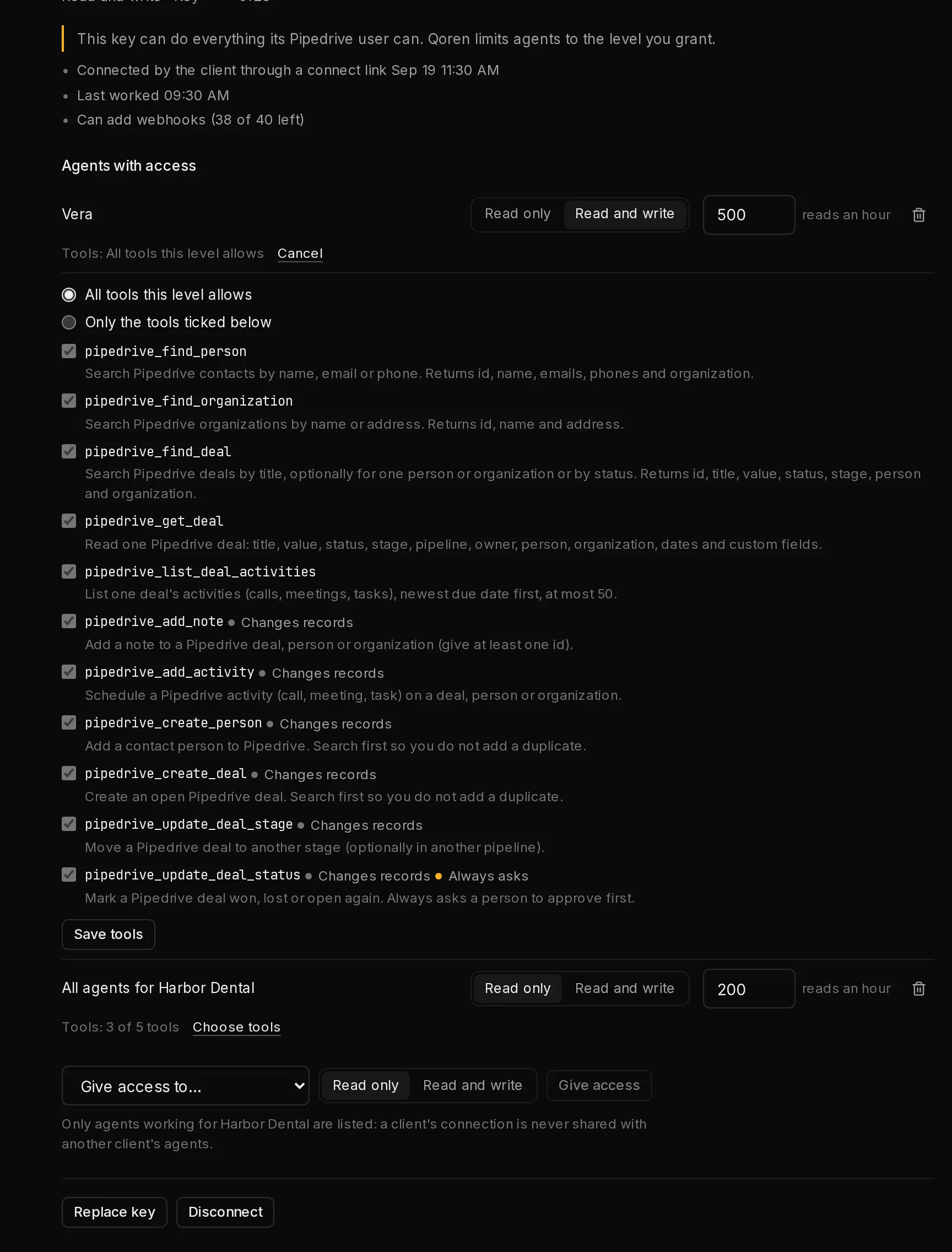 An opened Pipedrive connection: what the key can do, the agents with access with their level and hourly read limit, the tool list of one agent opened with its always asks badge, and the Give access row.