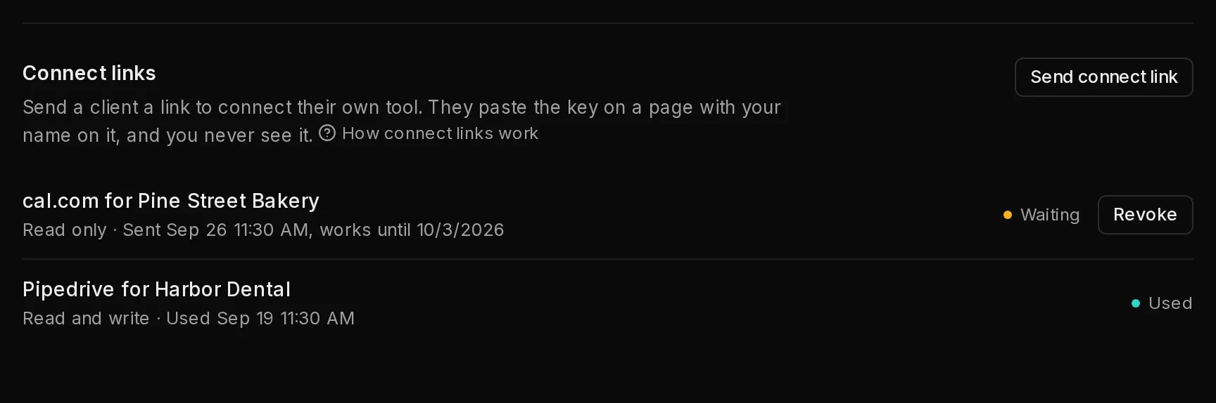 The Connect links section of the Integrations page: a waiting link with its expiry and a Revoke button, and a used one.