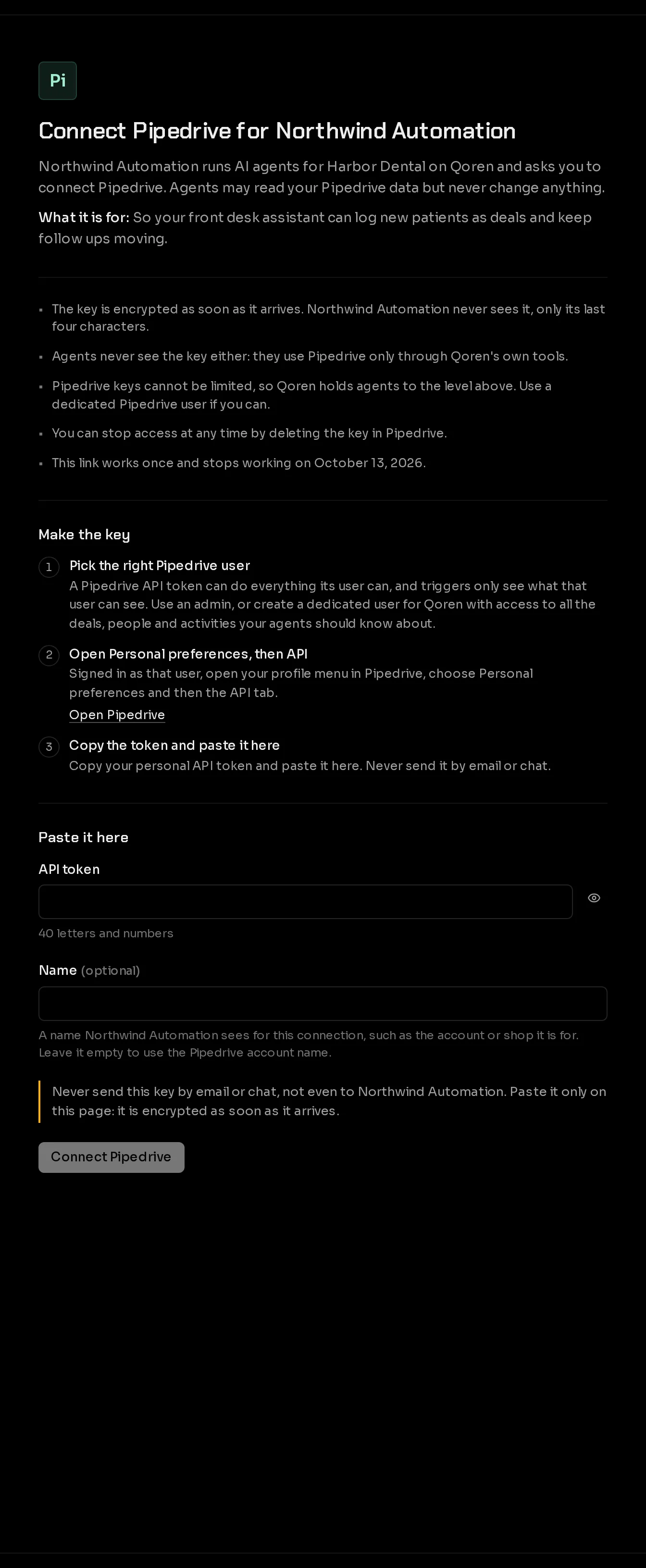 The page a client opens from a connect link: who is asking and why, what happens to the key, the steps to make it, the key field, an optional name for the connection and the Connect Pipedrive button.