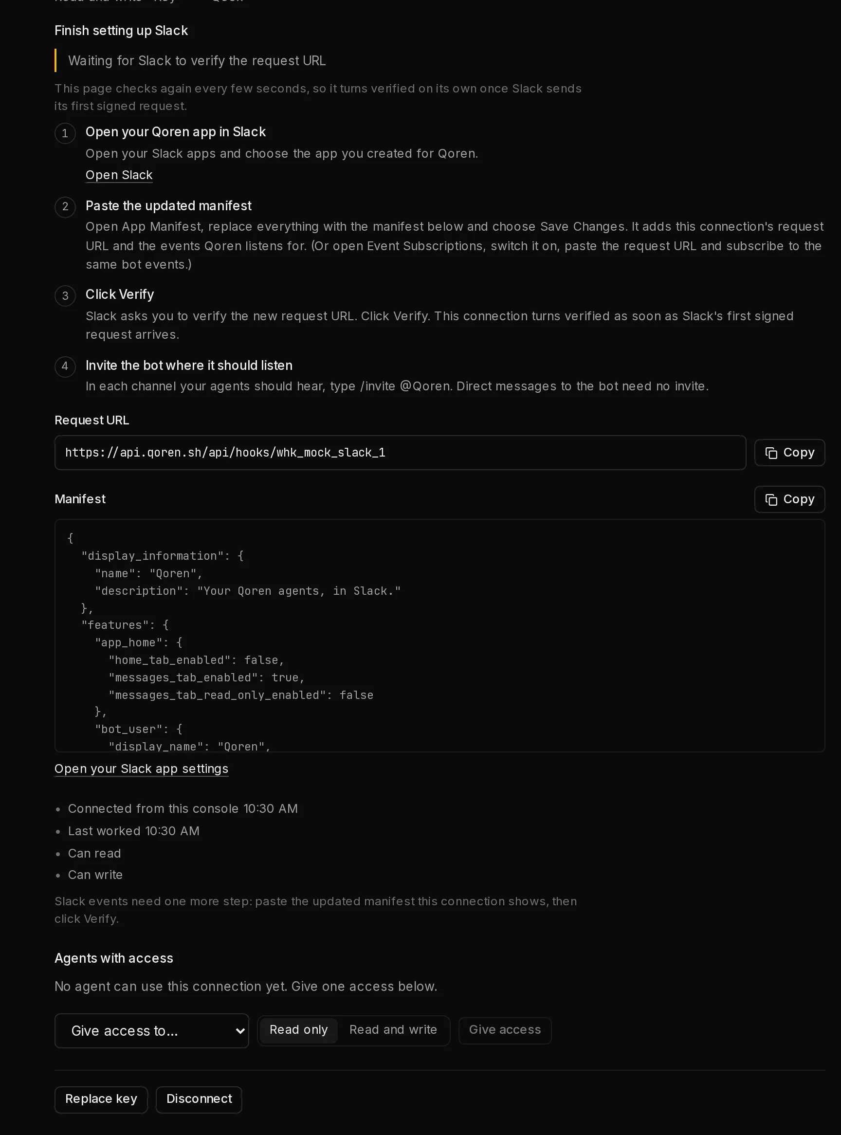 A Slack connection waiting for its request URL to be verified: the status line, the steps, the request URL and the manifest, each with a Copy button.