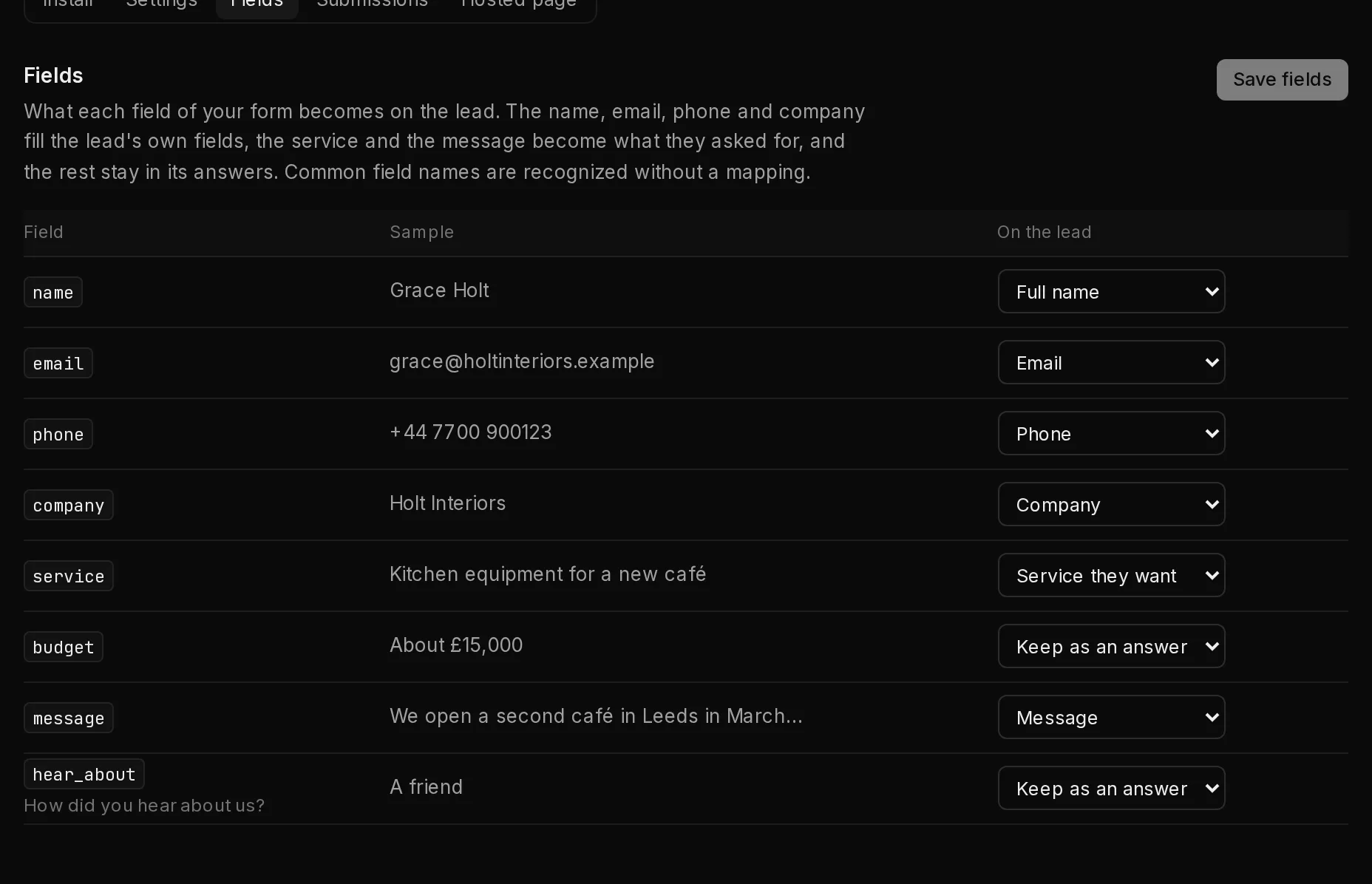 The Fields tab: each field the form sent, with a sample value and a menu for what it becomes on the lead, and the Save fields button.