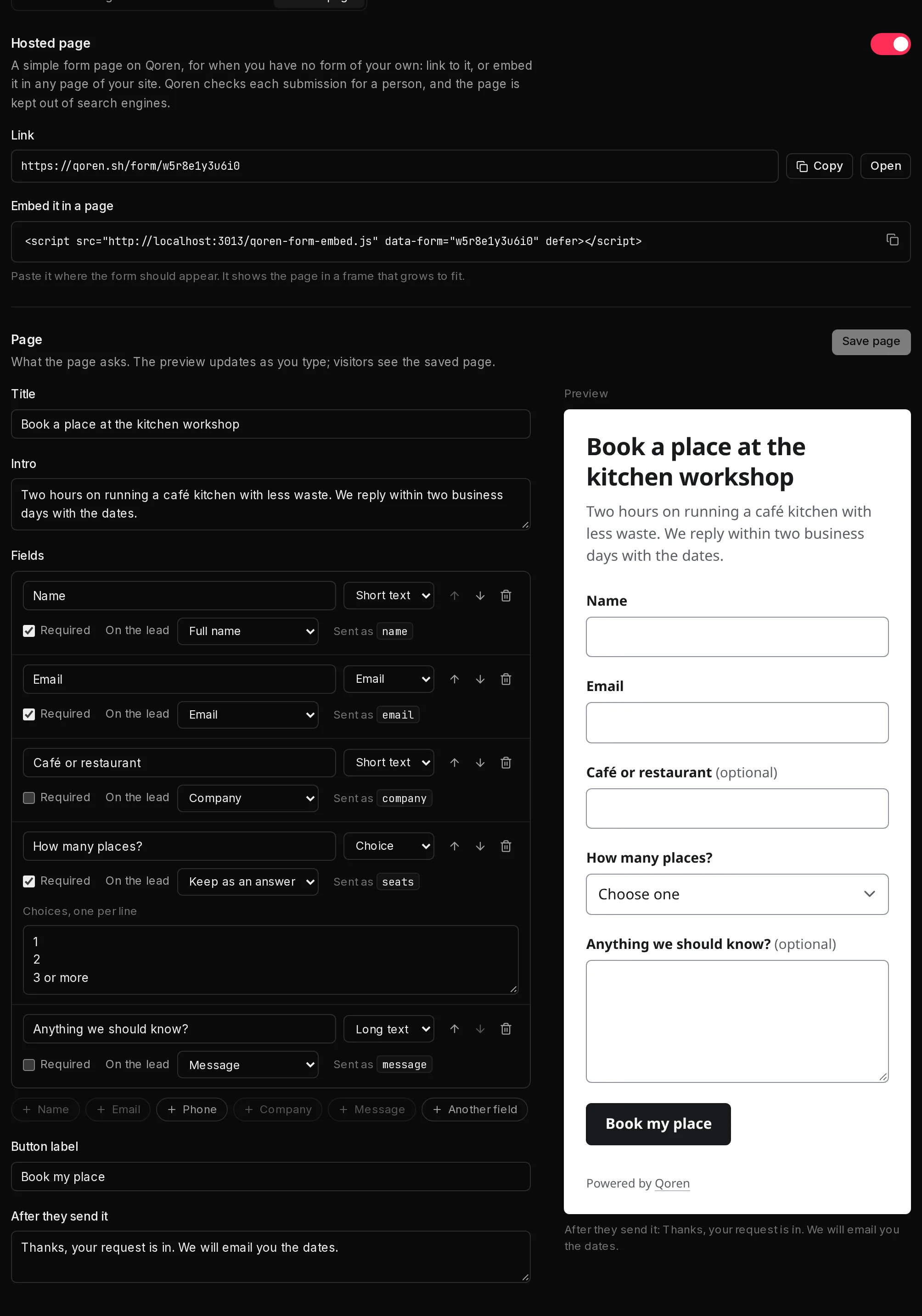The Hosted page tab: the switch that turns the page on, its link and embed script, then the page builder with the title, intro and fields beside a live preview of the page.