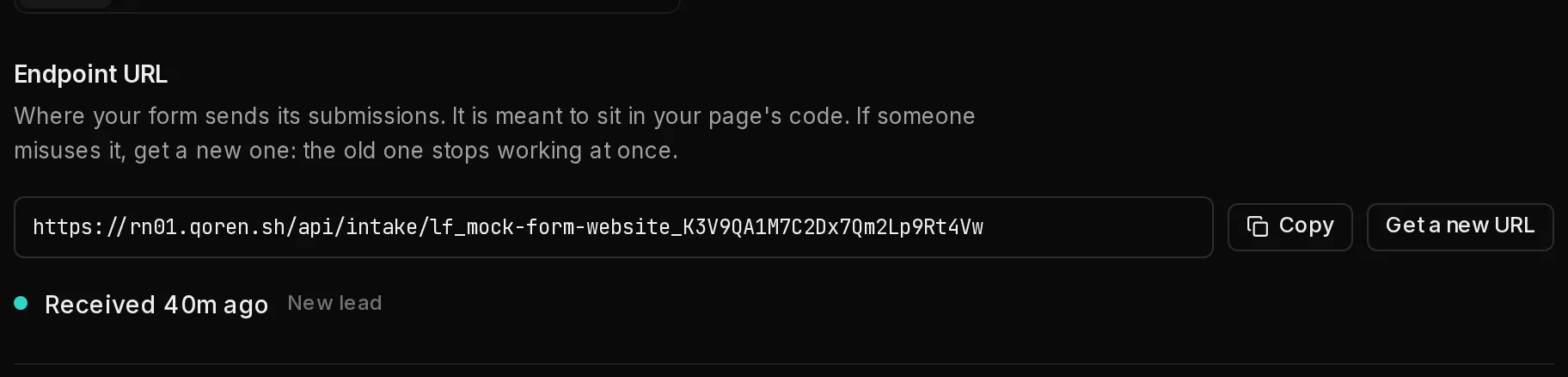 The top of a form's Install tab: the endpoint URL with Copy and Get a new URL, and the line saying when the last submission was received.