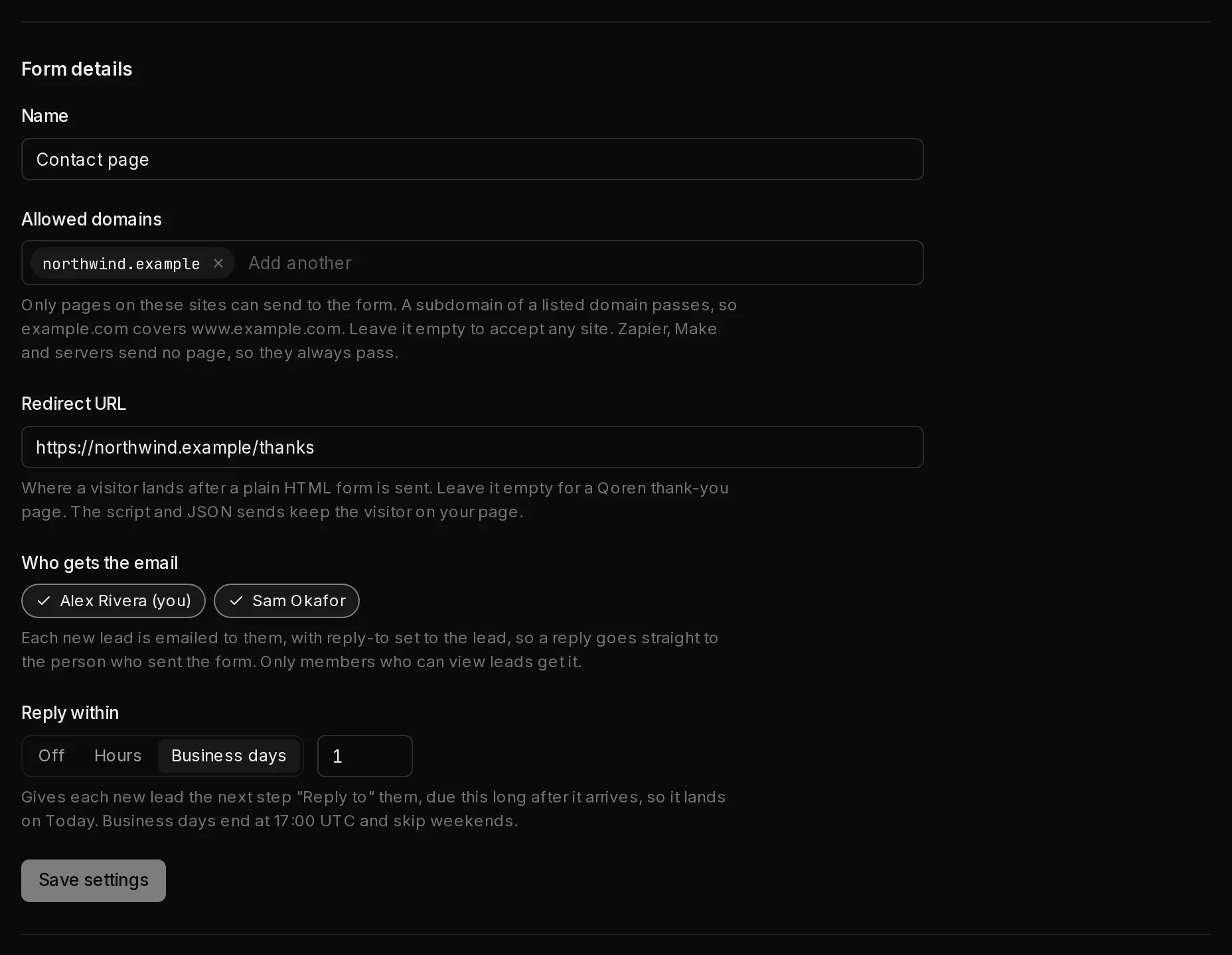 A form's details: its name, one allowed domain, the redirect URL, two team members picked to get the email, and Reply within set to one business day.