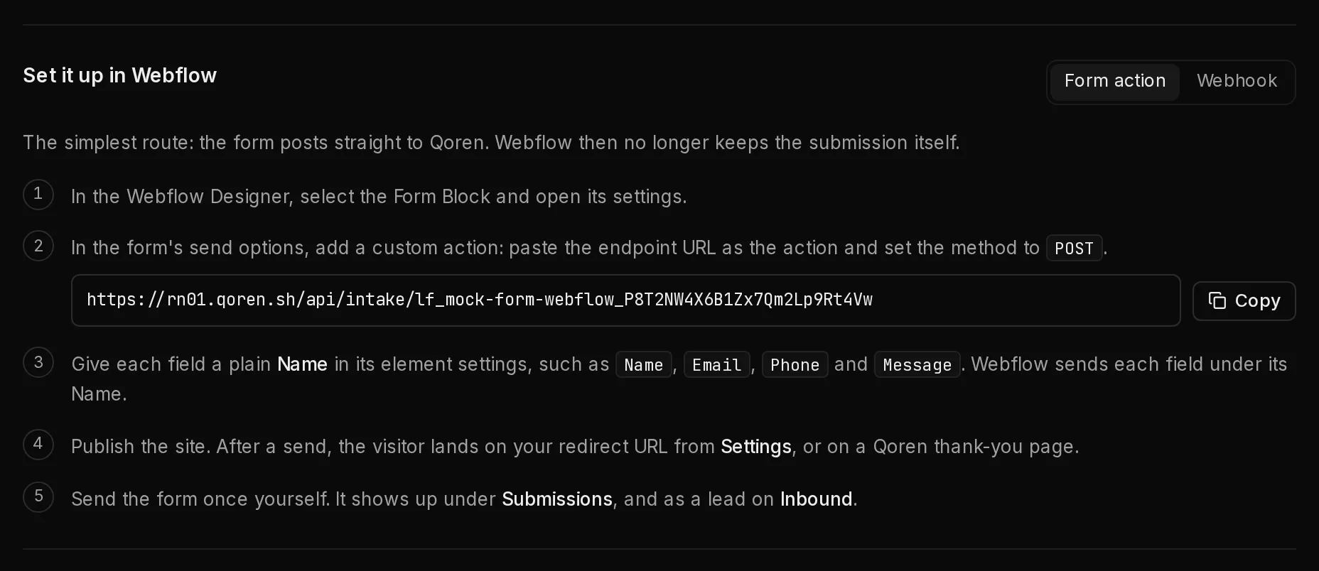 The Webflow steps on a form's Install tab: a choice between the form action and the webhook, then numbered steps with the endpoint URL to copy.