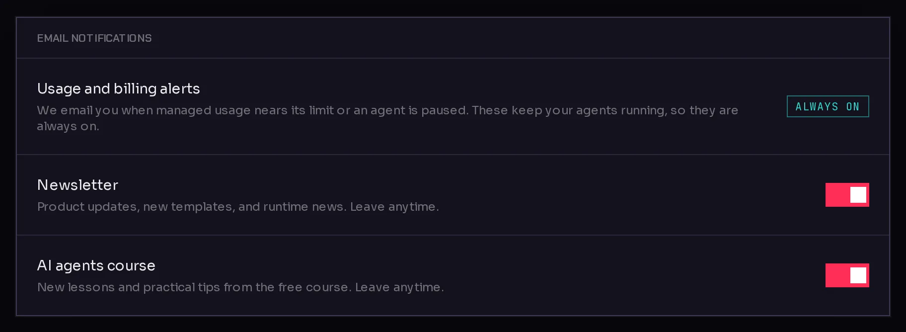 The Email notifications card: Usage and billing alerts marked Always on, and switches for the Newsletter and the AI agents course.