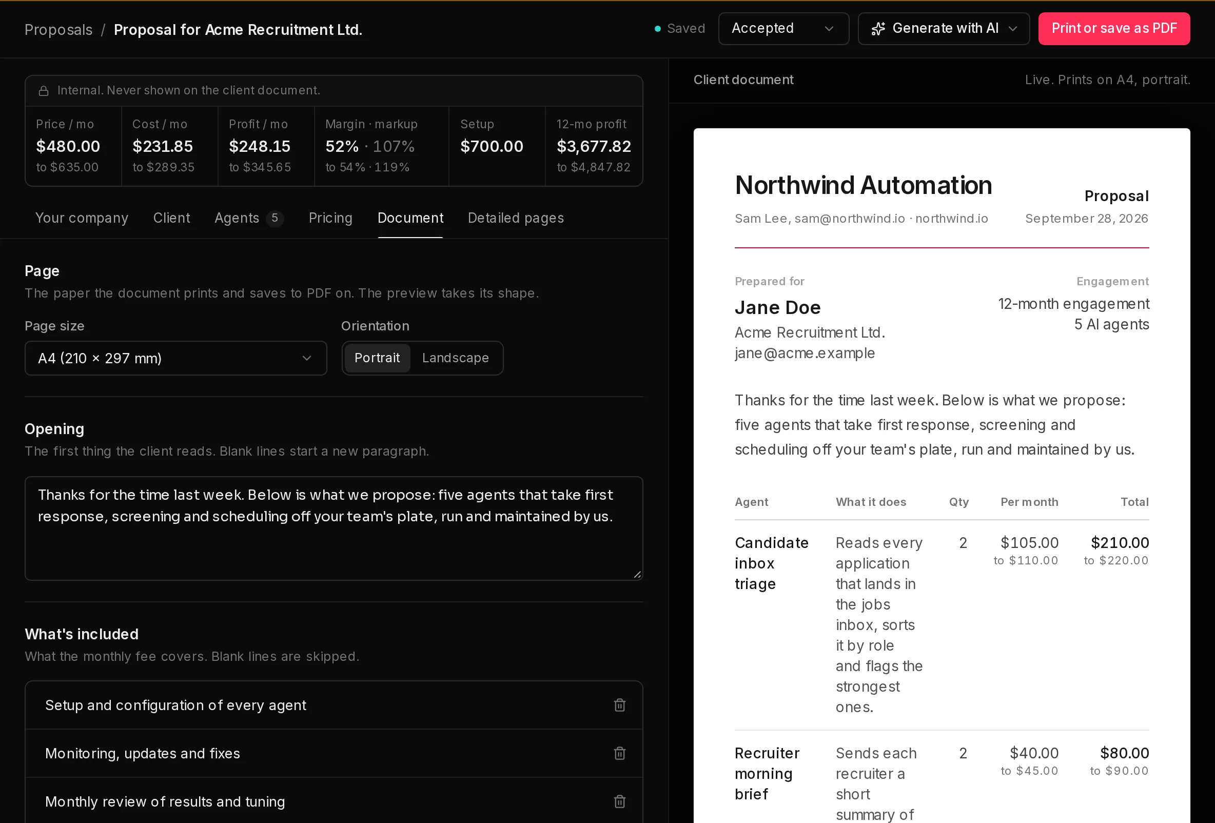 A proposal on the Document tab: the page size and orientation on the left, the live client document on the right, and the status menu and Print or save as PDF button in the header.
