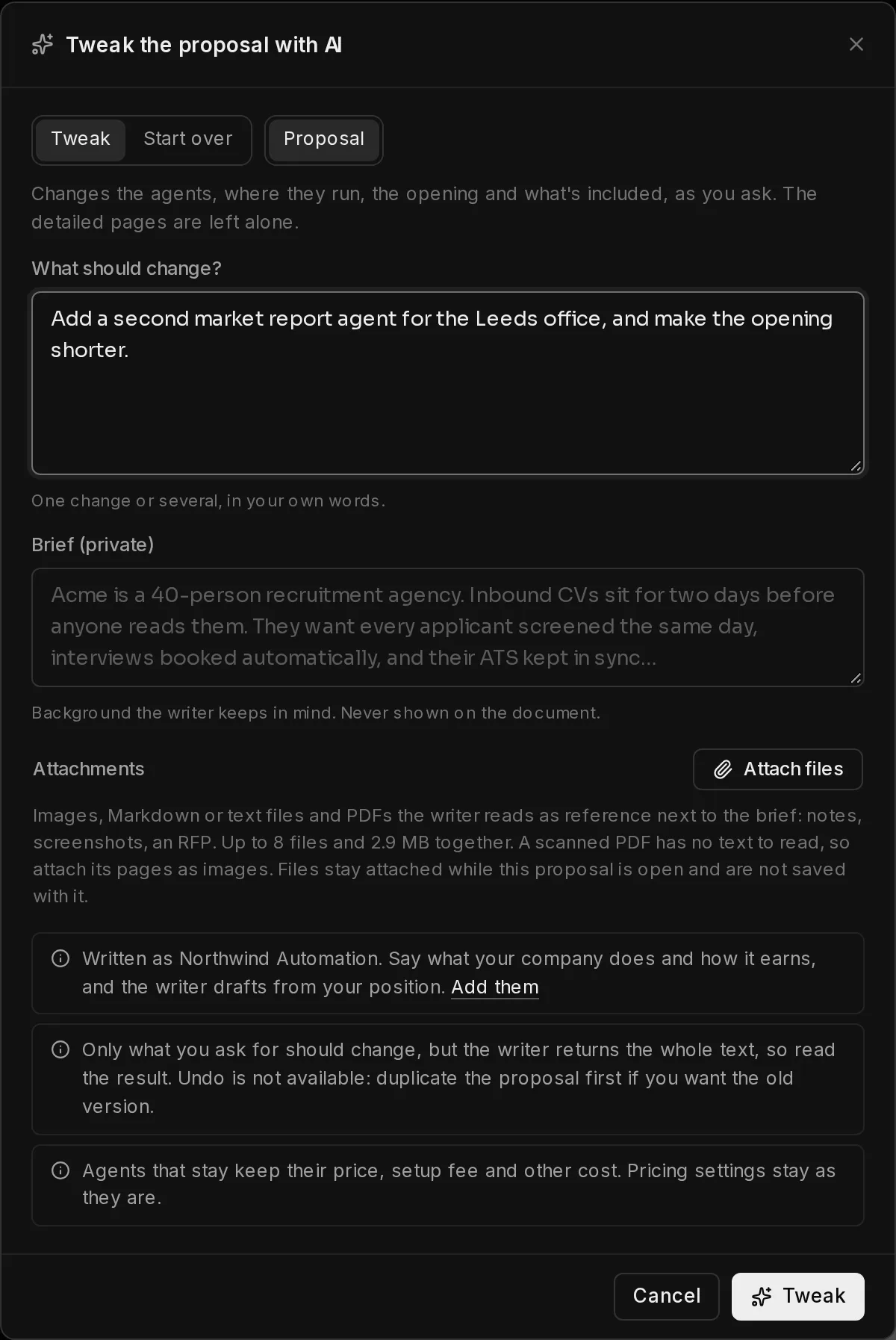 The Generate with AI dialog set to tweak the proposal: the Tweak and Start over switch, the part to change, the instruction, the private brief, the attachments and what the run will keep.