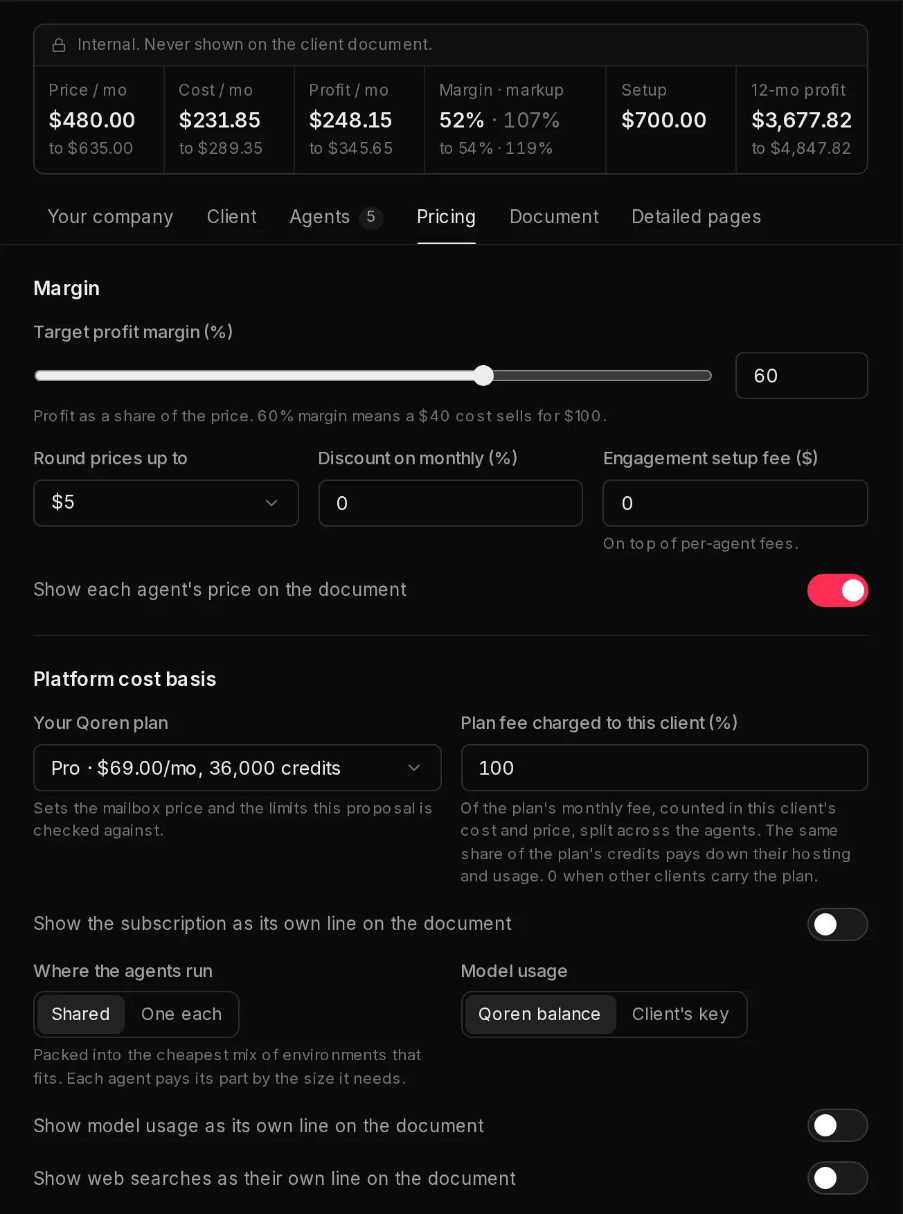 The Pricing tab of a proposal: the target margin, rounding, discount and setup fee, then the platform cost basis with your Qoren plan, the share of its fee charged to this client, where the agents run and how model usage is paid.