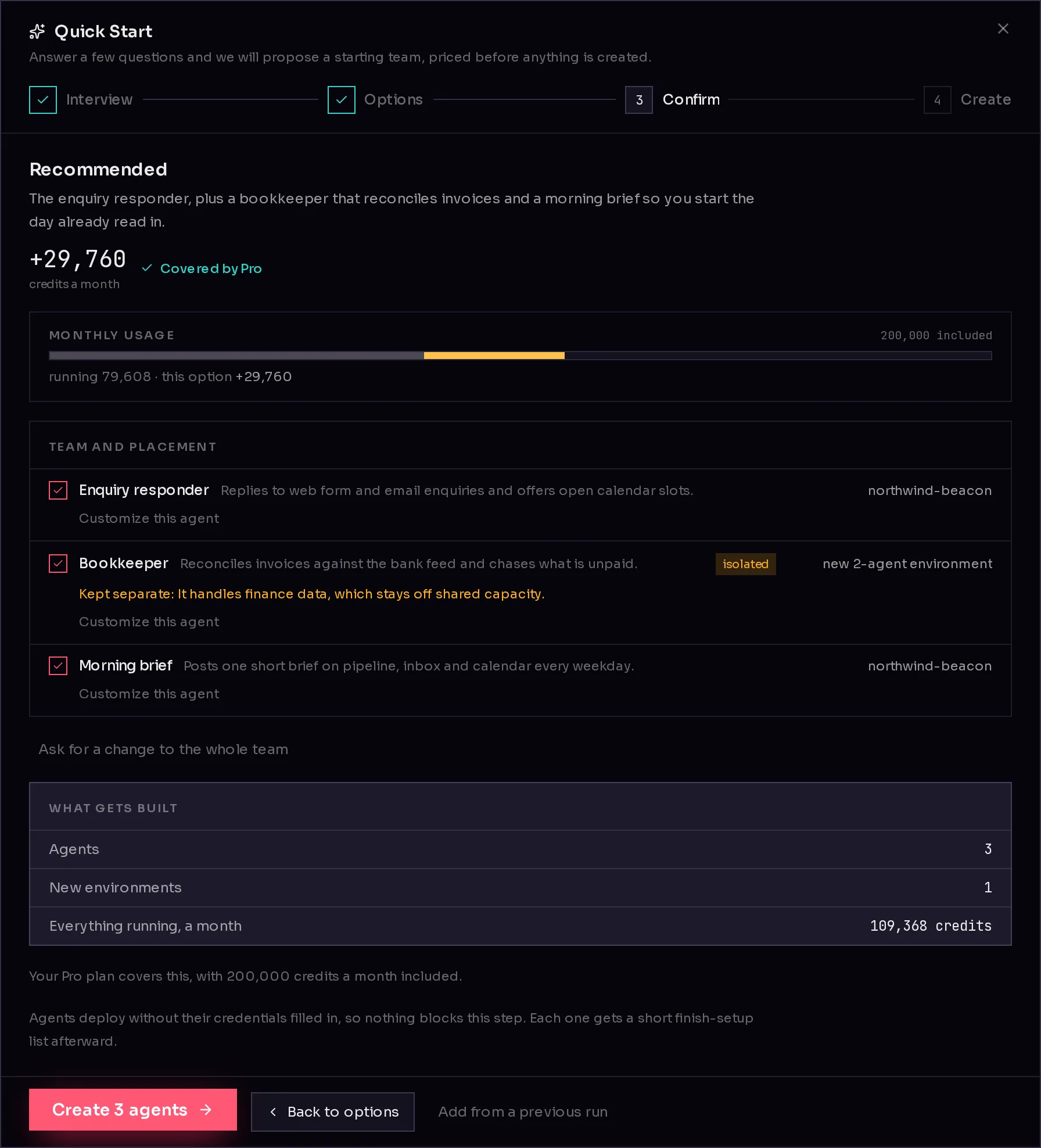 Quick Start's Confirm step: each agent with a checkbox and a Customize this agent link, what gets built, and the Create agents button.