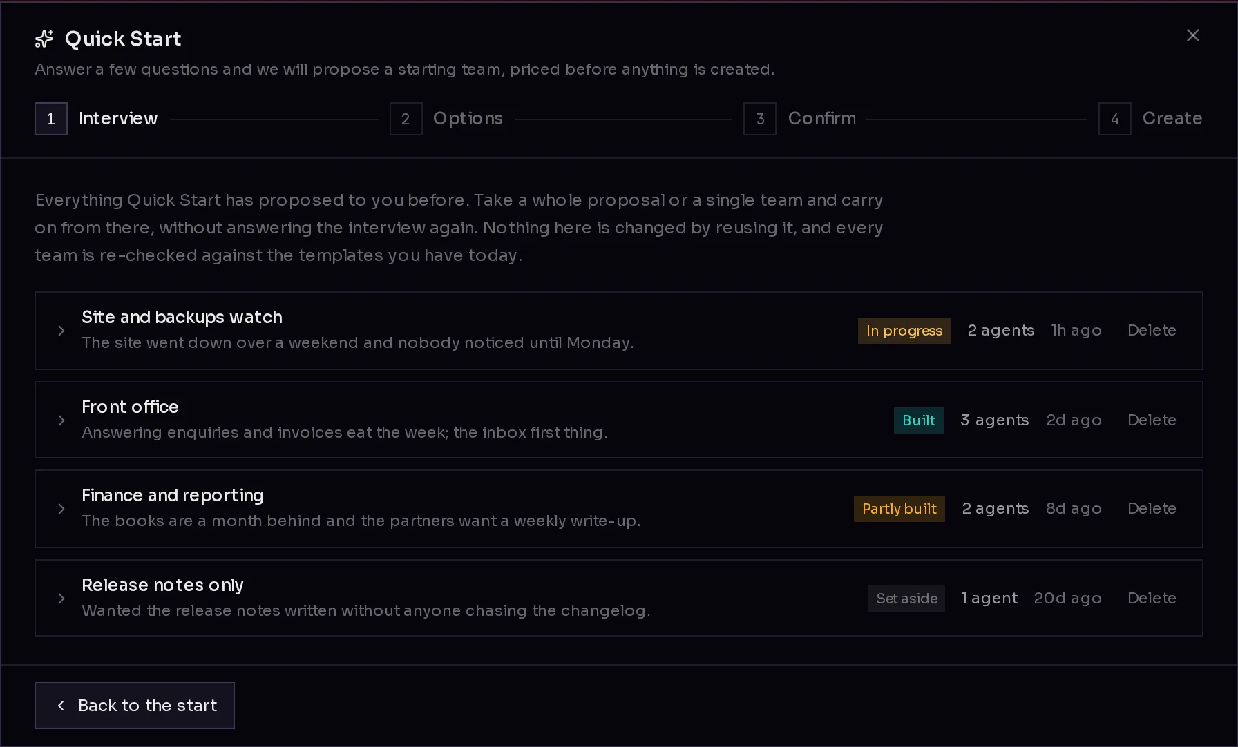 The Quick Start library: your earlier runs, each with a title, what you told it, a status such as Built or Set aside, how many agents, and a Delete link.
