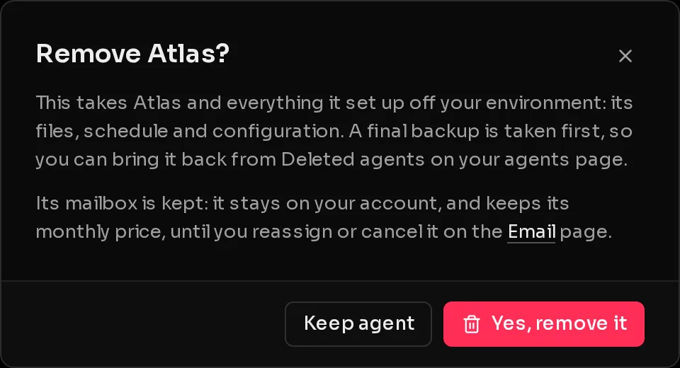 The Remove Atlas? confirmation, explaining that a final backup is taken first, with Keep agent and Yes, remove it buttons.