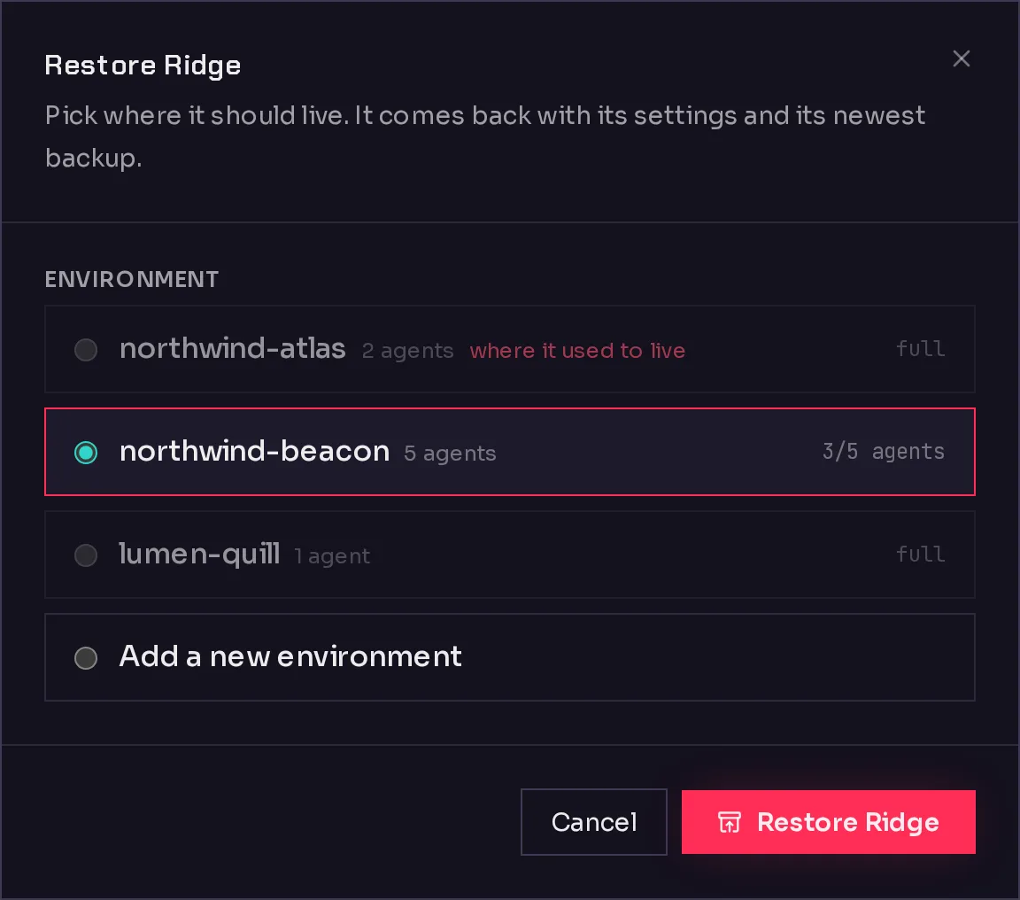 The dialog for bringing a deleted agent back, with a list of environments to restore it onto and the option to add a new environment.