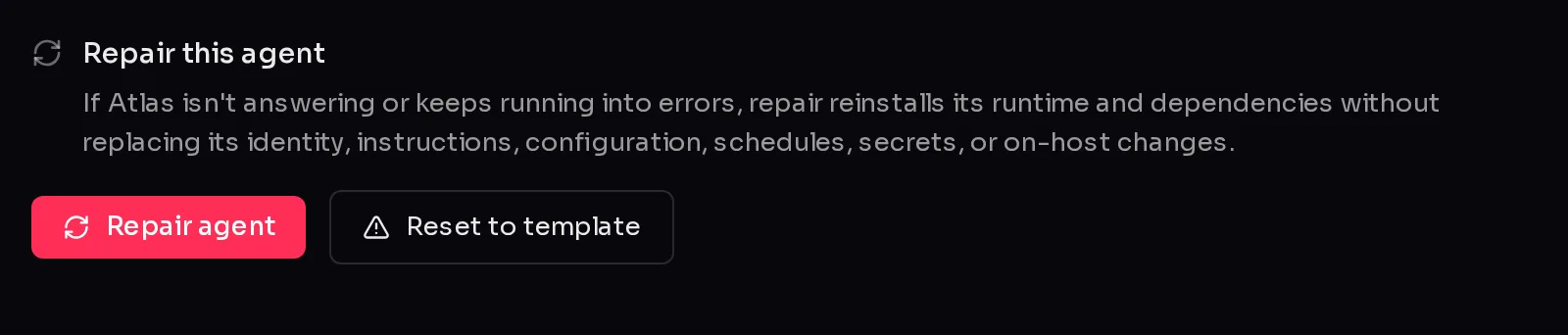 The Repair this agent card in Atlas's Maintenance settings, with the Repair agent and Reset to template buttons.