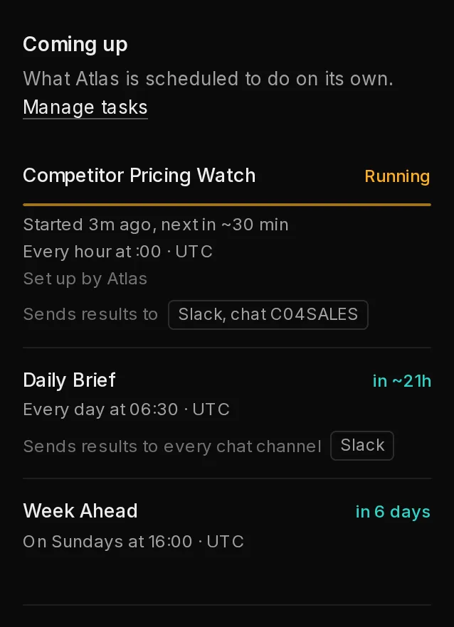 The Coming up section on an agent's Activity tab, listing its scheduled tasks with their cadence, time zone and when each runs next.