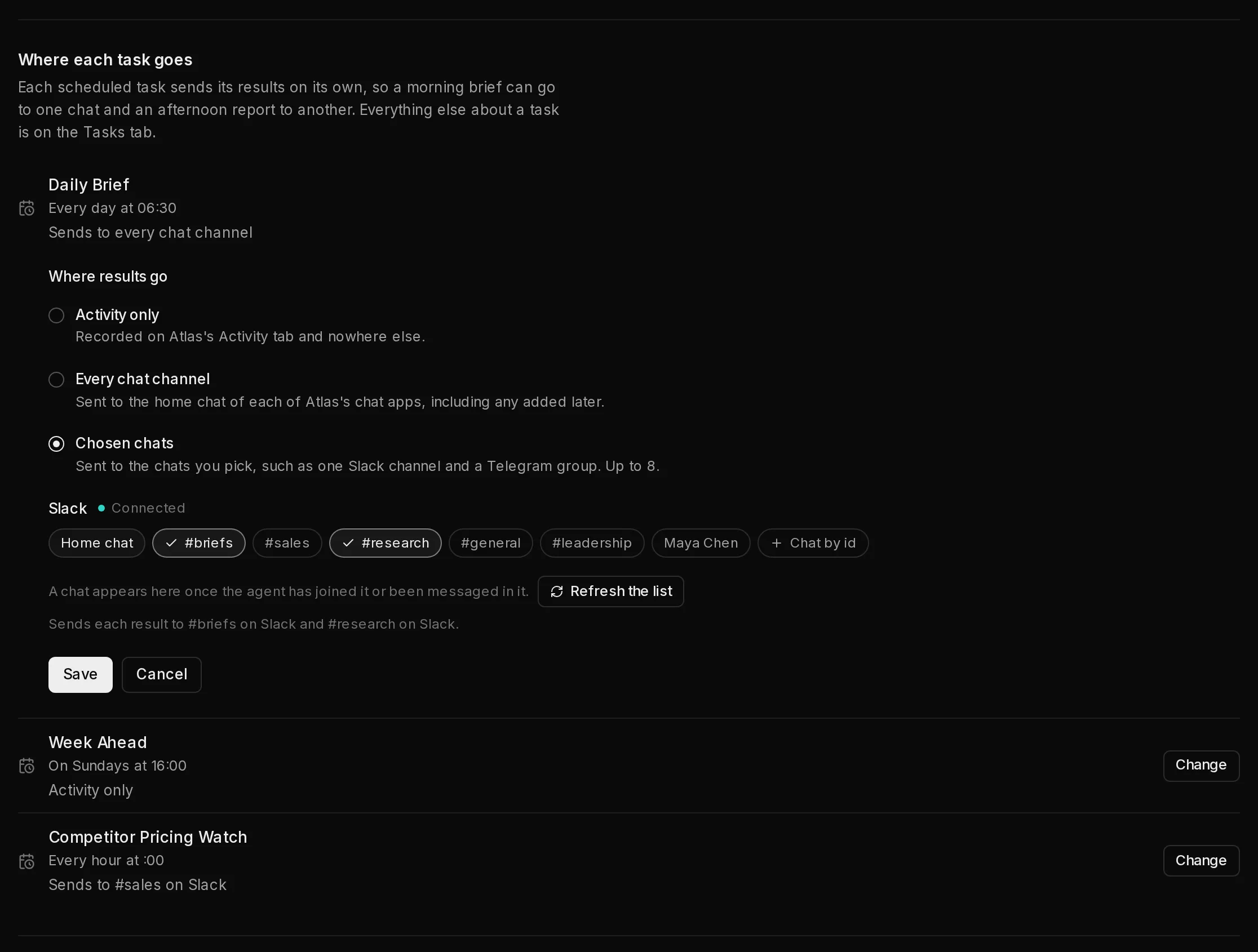 The Daily Brief task's destination opened under Where each task goes: Chosen chats picked, the Slack chats as buttons with #briefs and #research ticked, a Chat by id button, a line saying where each result goes, and Save.