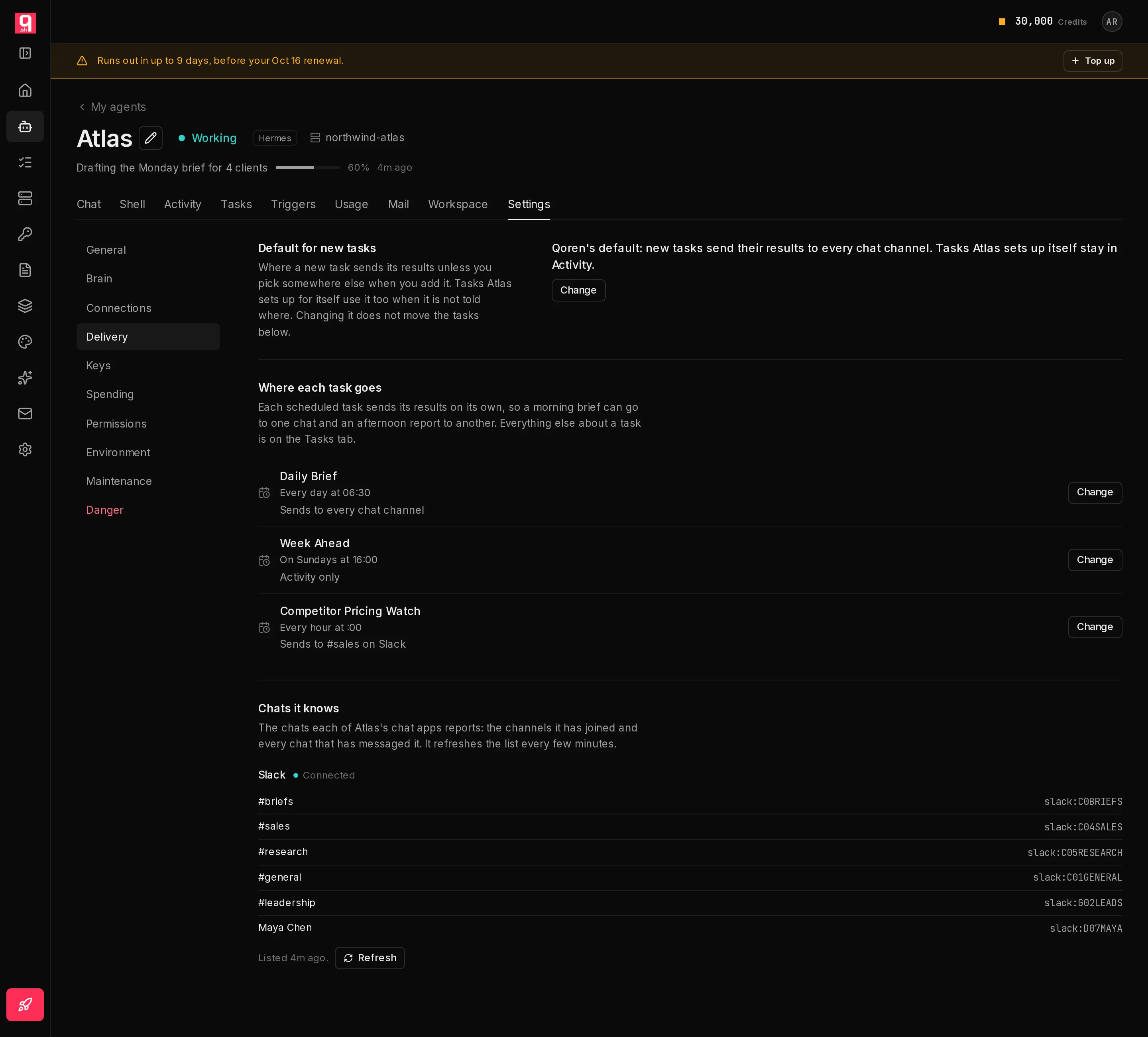 An agent's Settings open on the Delivery section: the default for new tasks with a Change button, each scheduled task with where it sends its results and a Change button, and the Slack chats the agent knows with their ids.