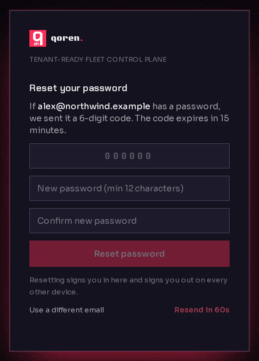 The second step of Reset your password: the 6-digit code box, New password and Confirm new password fields, the Reset password button, and Resend code with its countdown.