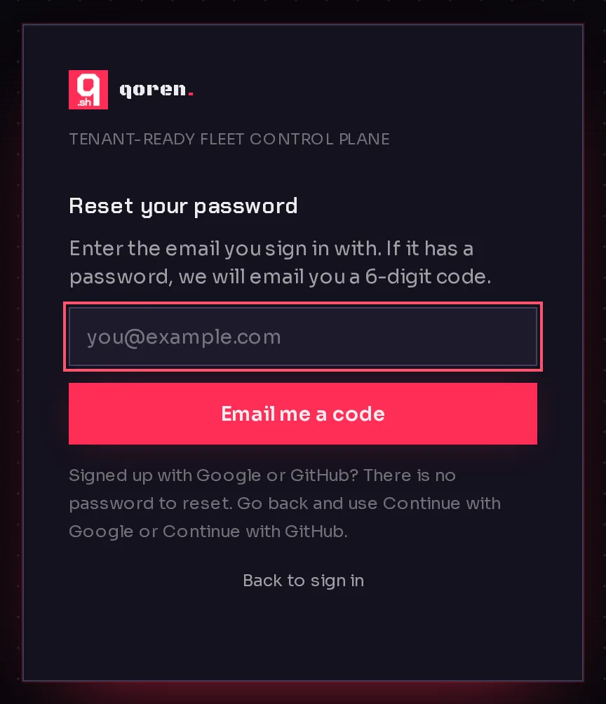 The Reset your password card: an email field, the Email me a code button, a note for Google and GitHub accounts, and Back to sign in.
