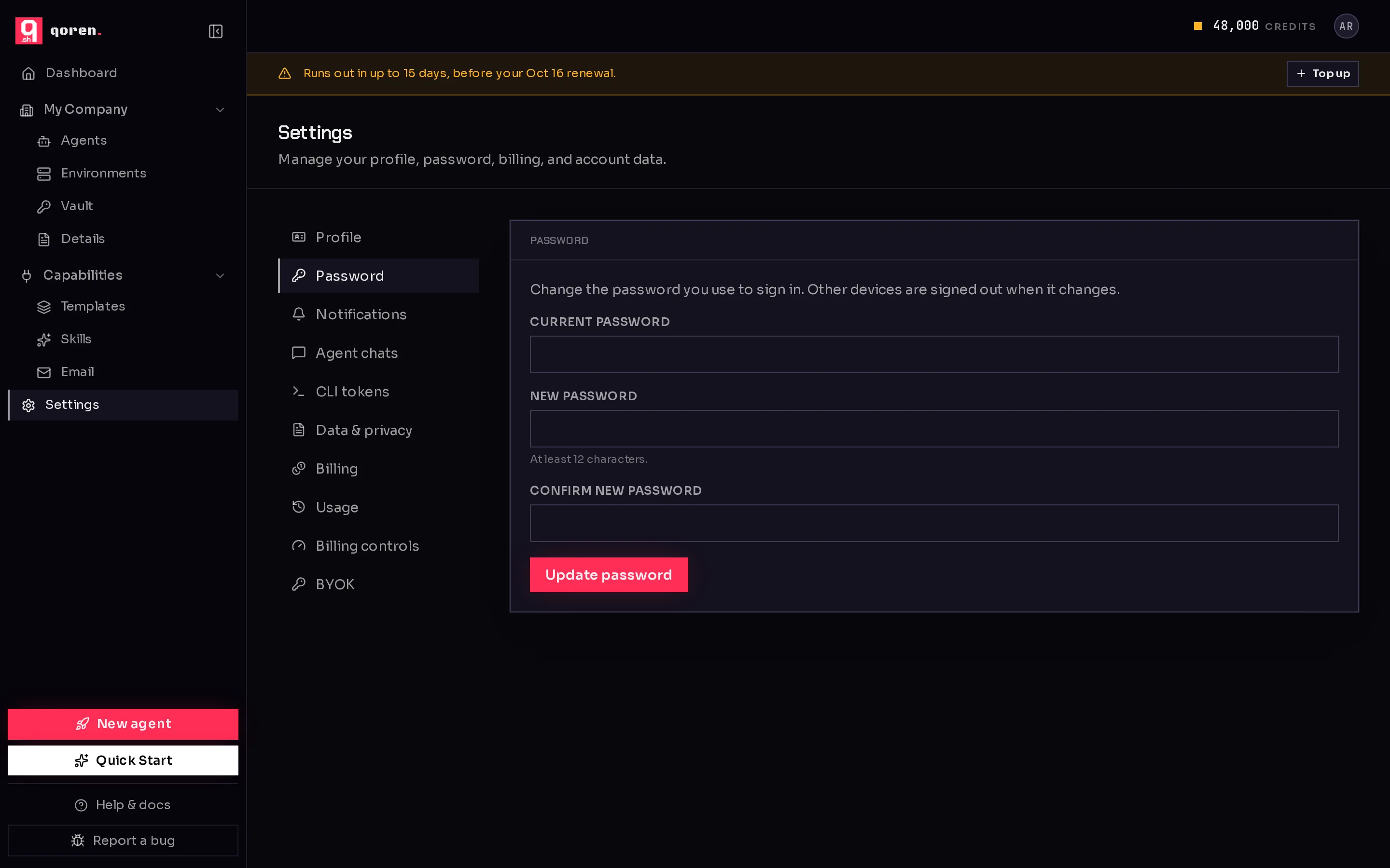The Settings page with its sections listed down the left (Profile, Password, Notifications, Agent chats, CLI tokens, Data & privacy, Billing, Usage, Billing controls, BYOK) and the Password card open.