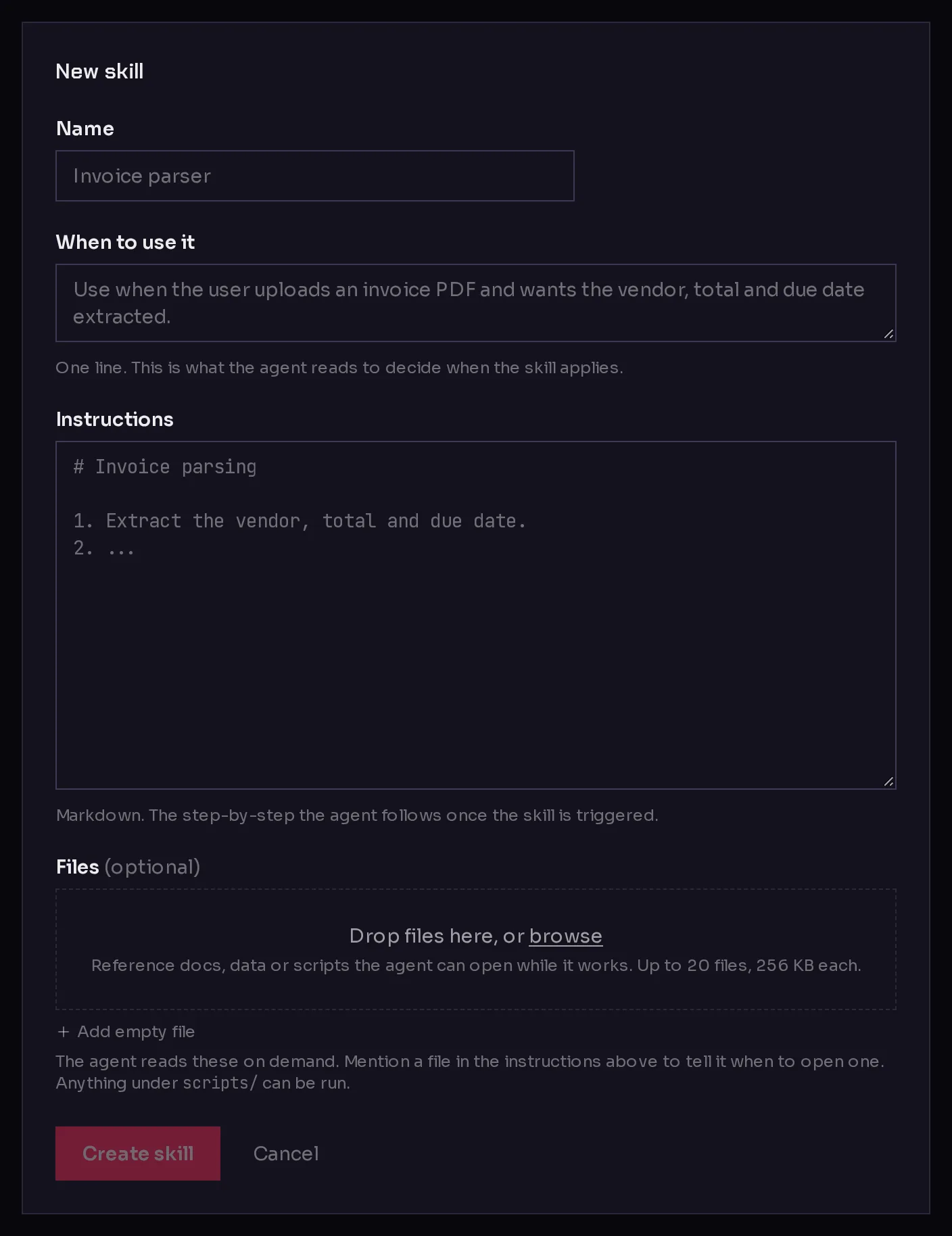 The New skill form with a name, a When to use it line, the Instructions in markdown, a drop zone for supporting files, and the Create skill button.