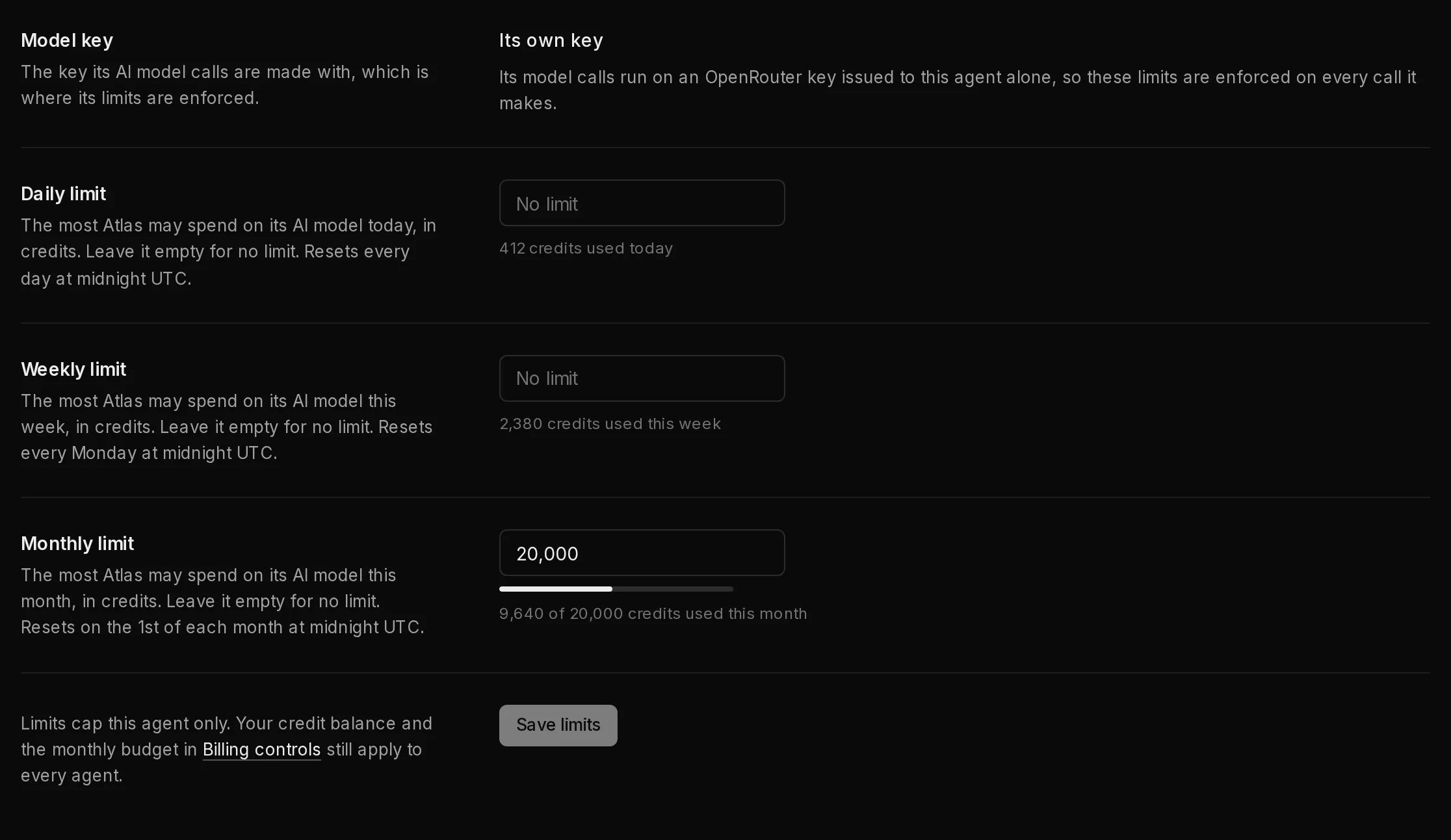 The Spending section of an agent's settings: the Model key row, the Daily, Weekly and Monthly limit fields in credits with what the agent has used in each window, and the Save limits button.