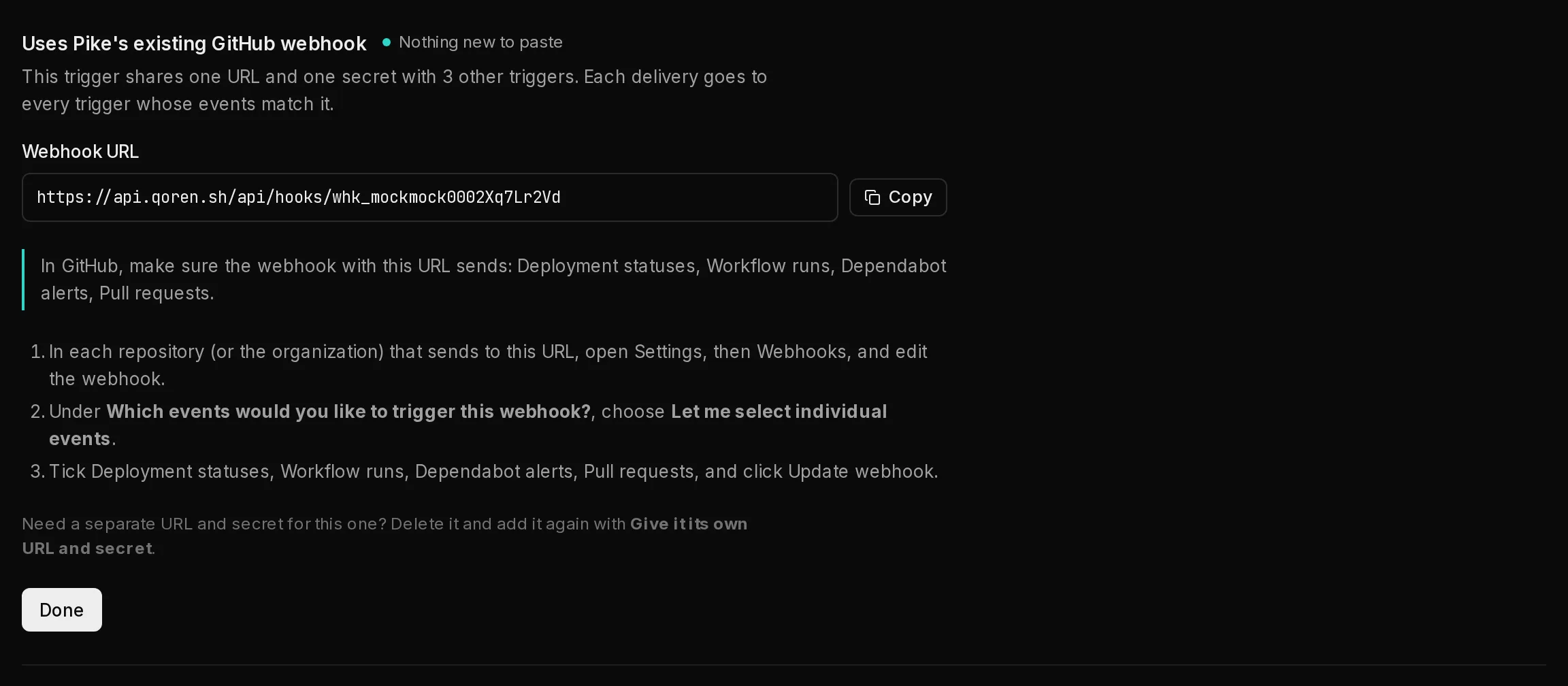 The section shown after creating a fourth GitHub trigger on an agent that already has a GitHub webhook: nothing new to paste, the existing Webhook URL, and the events to tick in GitHub.