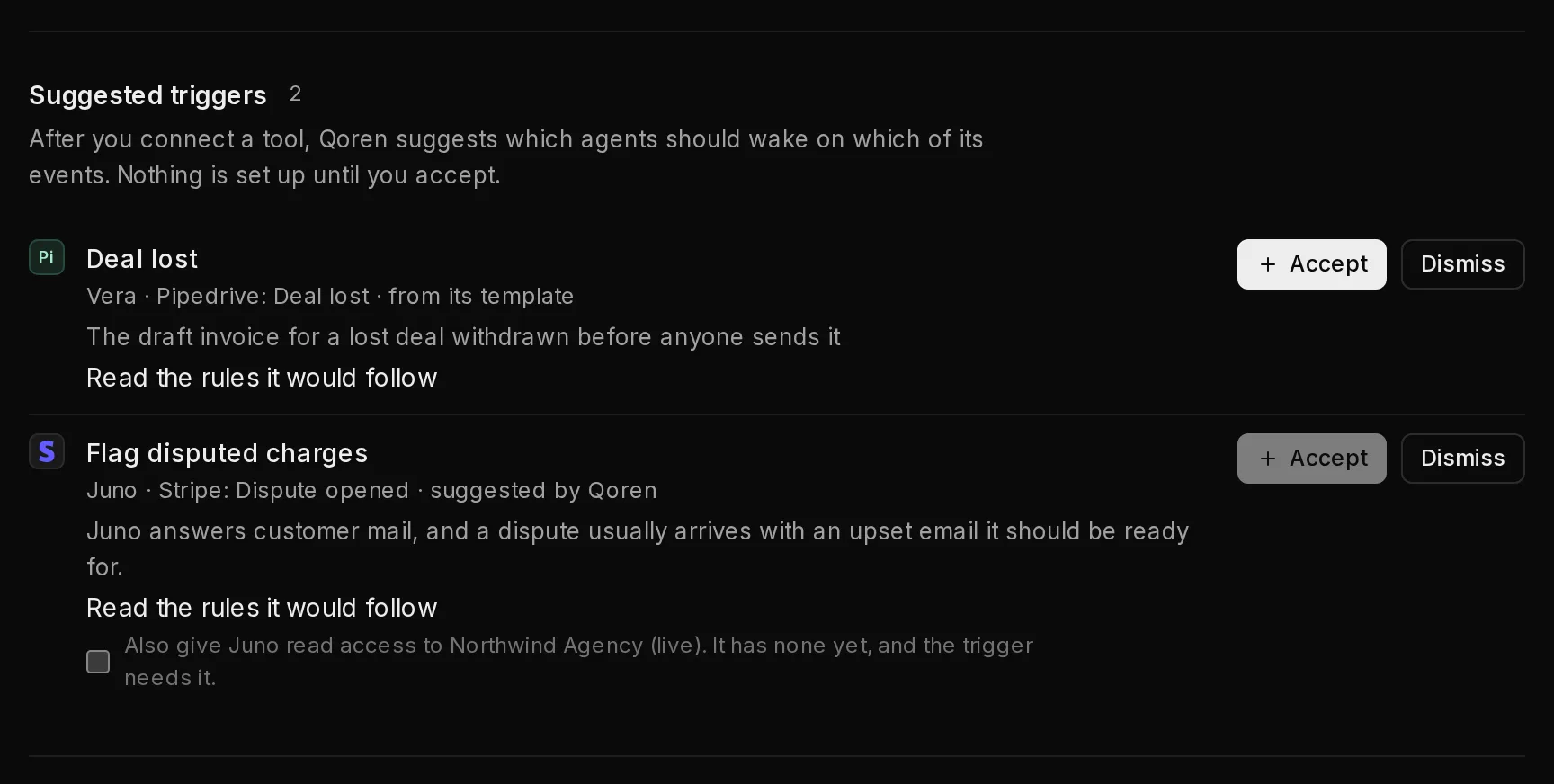 Suggested triggers on the Integrations page: each card names the agent, the tool and the event, with Accept and Dismiss.